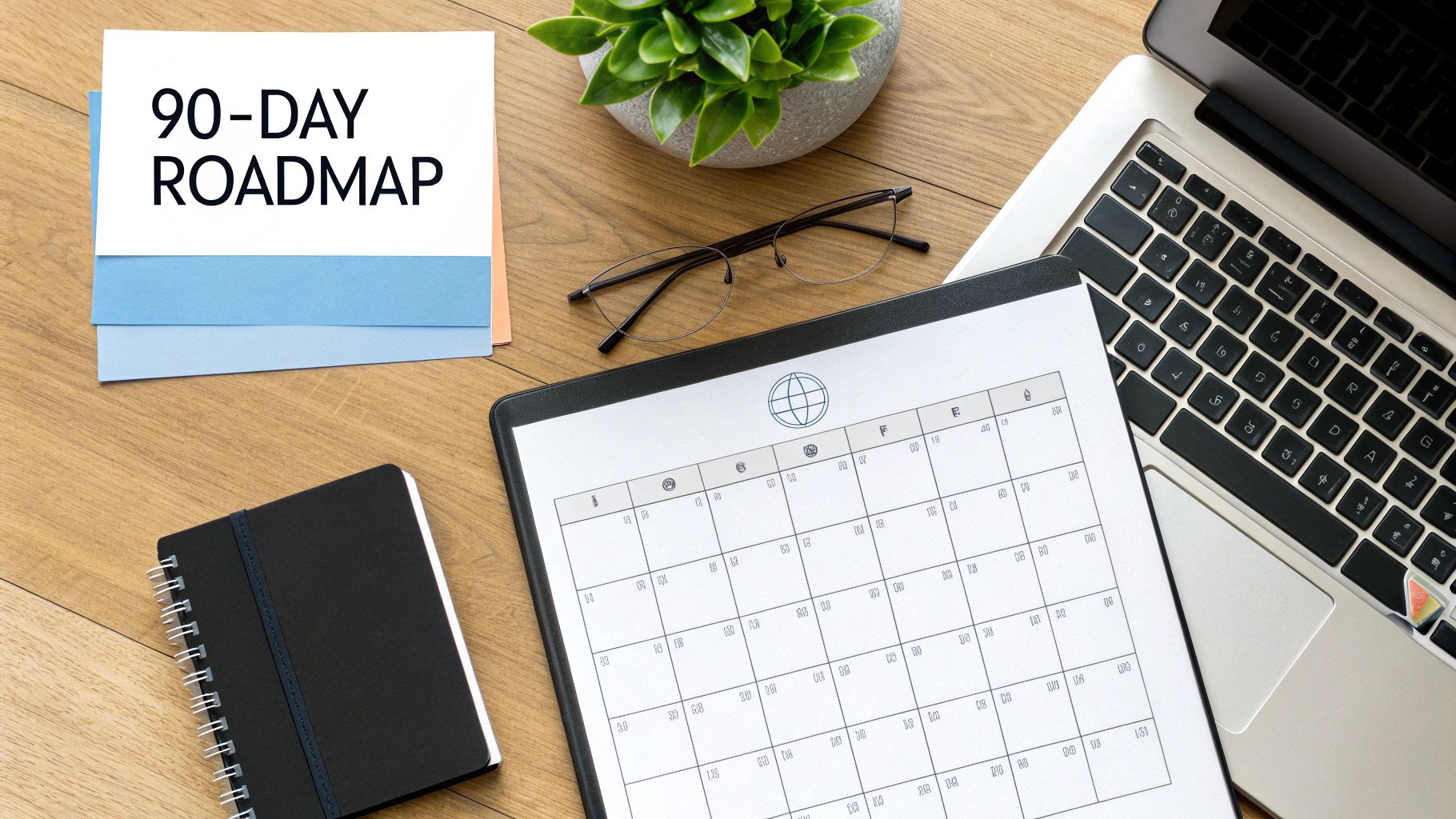 Overhead view of a desk with a '90-DAY ROADMAP' card, calendar, laptop, notebook, glasses, and plant.