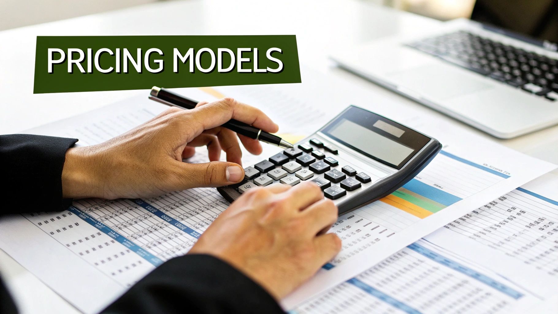 Hands using a calculator on a desk with spreadsheets and a laptop, with 'PRICING MODELS' overlay.