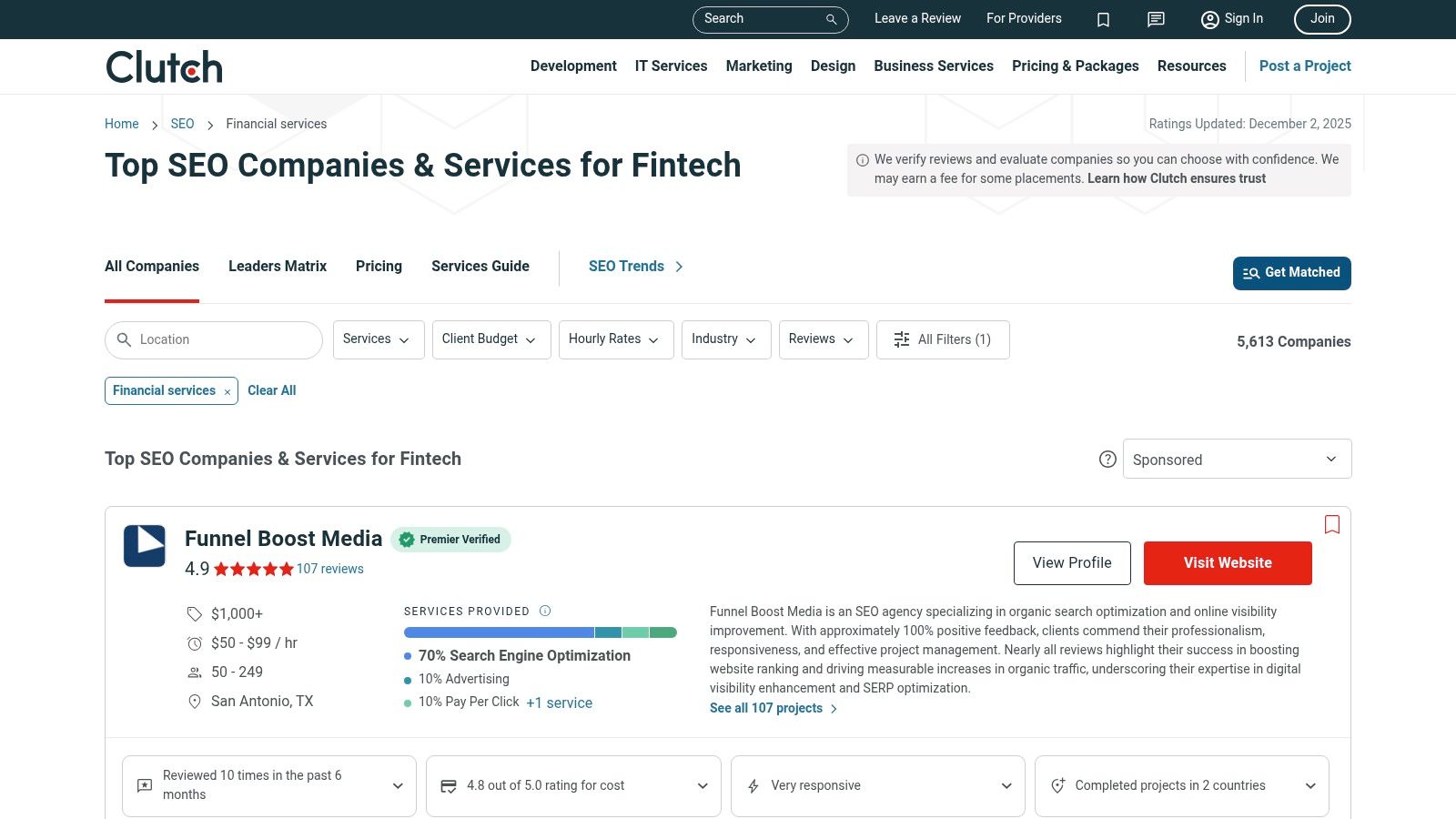 Clutch B2B ratings platform for finding vetted FinTech SEO agencies