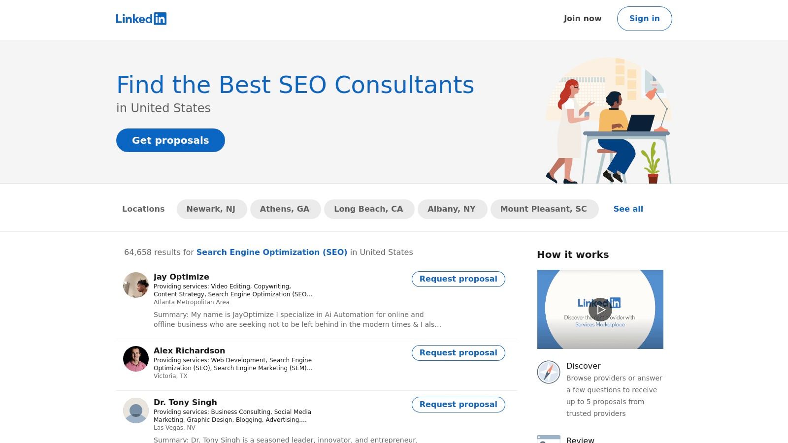 LinkedIn Services Marketplace for sourcing vetted SEO consultants