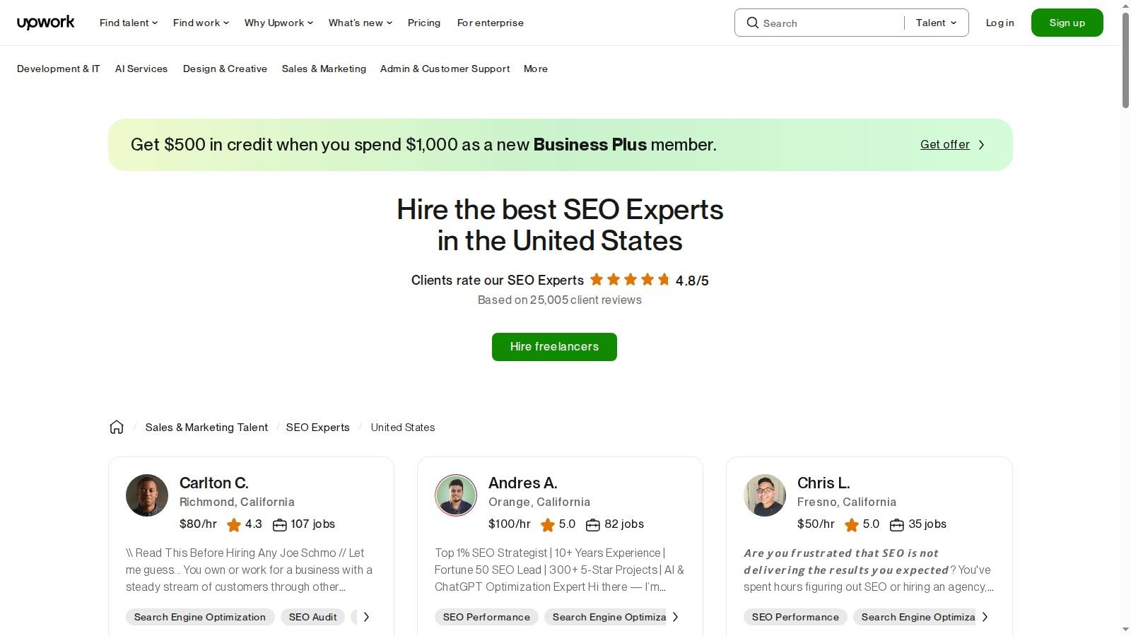 Upwork freelance marketplace for hiring FinTech SEO specialists