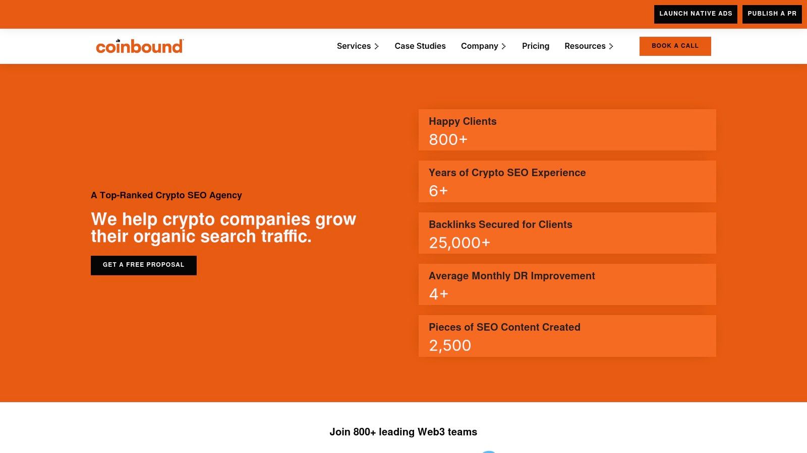 Coinbound's Web3 SEO service page highlighting their crypto-native expertise