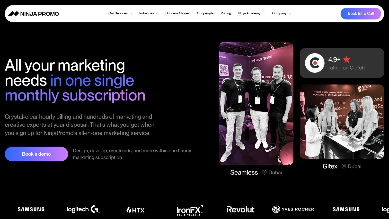 NinjaPromo's marketing website homepage showcasing their integrated service offerings
