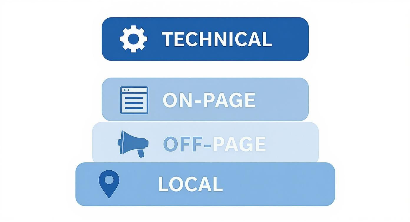 A visual representation of four key SEO categories: Technical, On-Page, Off-Page, and Local, each with a relevant icon.