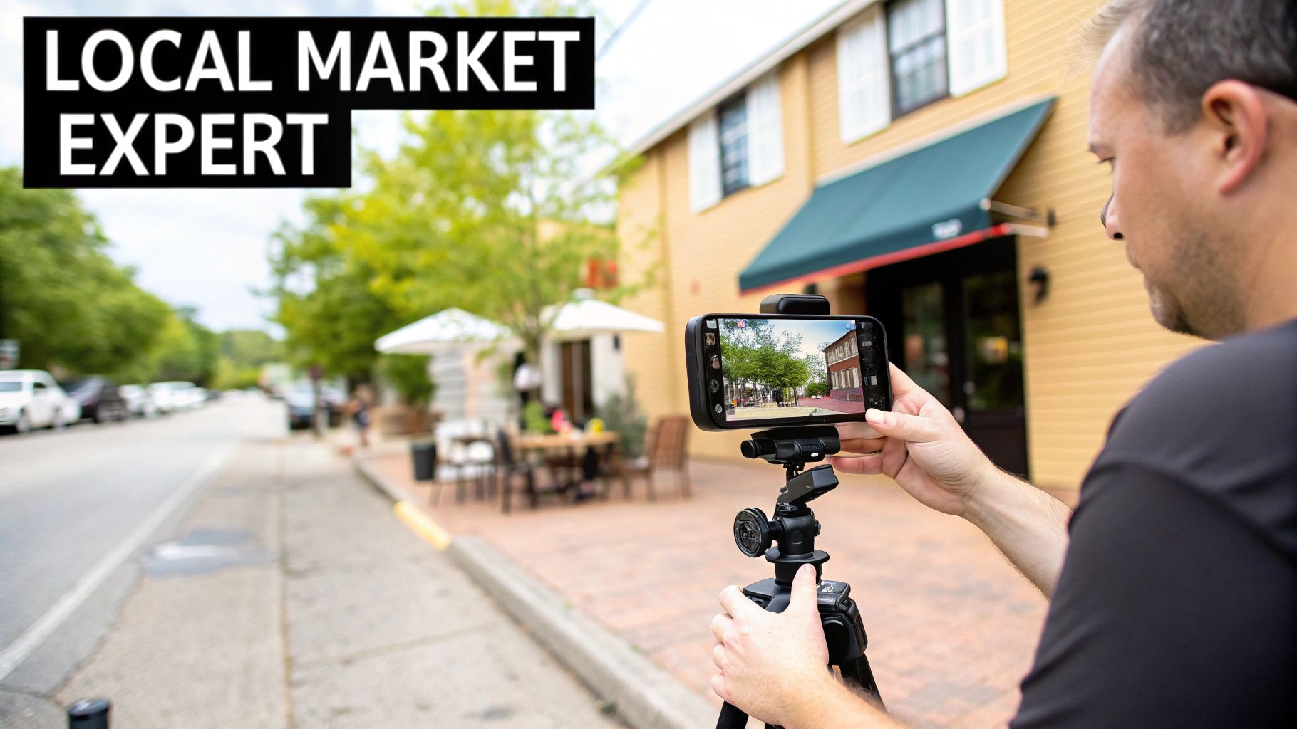 A local market expert uses a smartphone on a tripod to film a lively street scene.