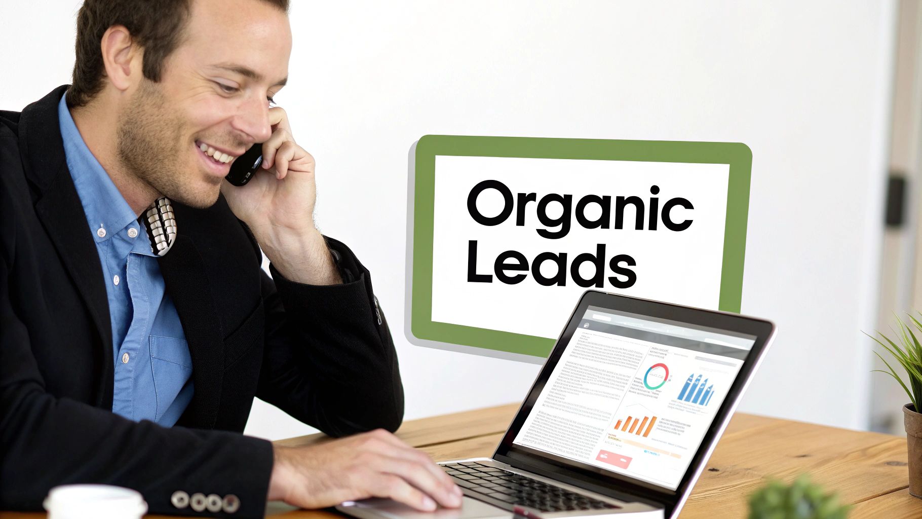 Smiling businessman on phone looking at laptop with 'Organic Leads' sign, optimizing lead generation.