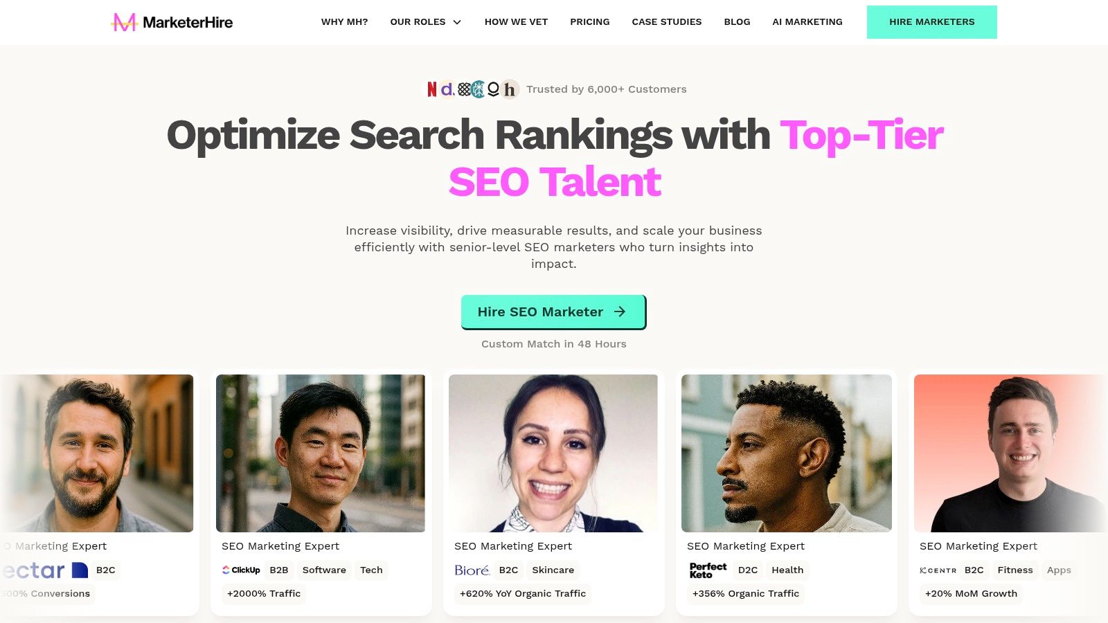 MarketerHire interface showing the SEO marketer role description
