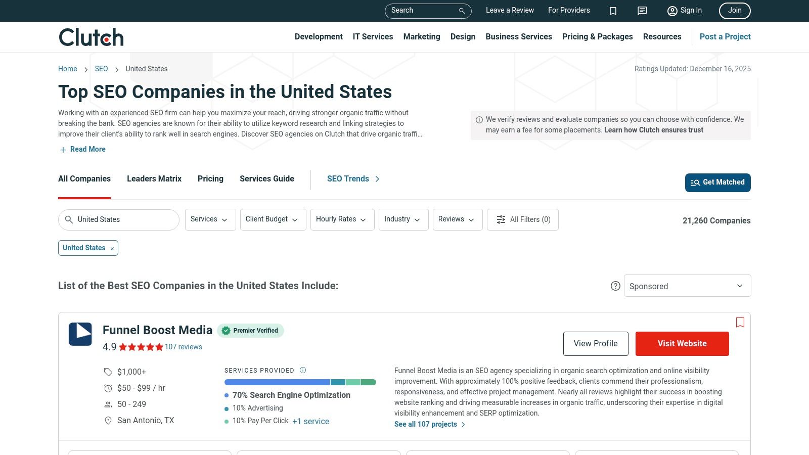 Clutch interface showing top SEO companies