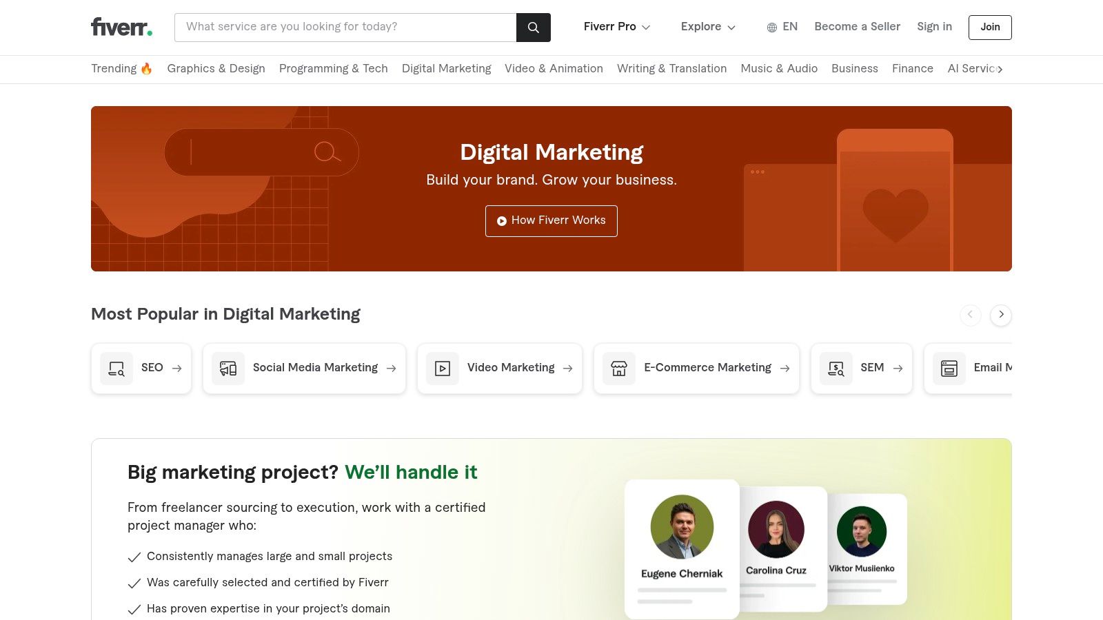 Fiverr marketplace showing a list of local SEO gigs