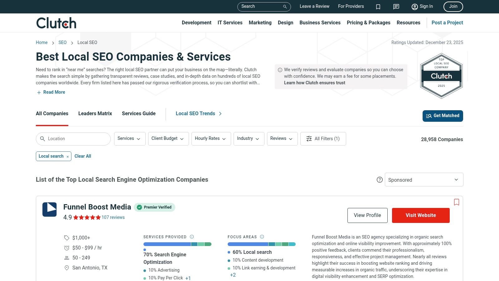 Clutch platform showing a list of top local SEO companies