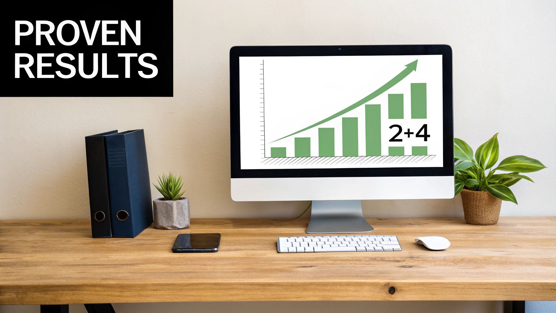 An office desk with a computer displaying a growth chart, and a 'PROVEN RESULTS' sign.