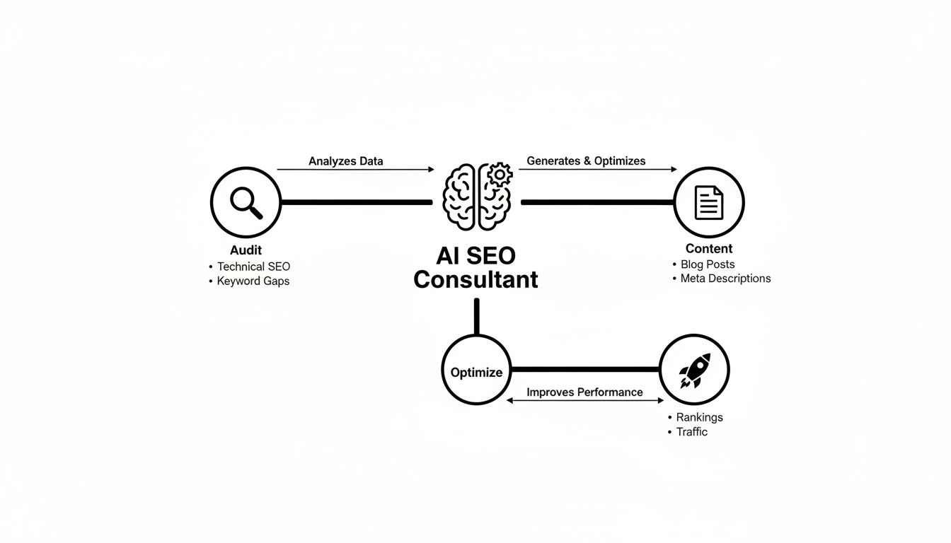 Flowchart illustrating how an AI SEO consultant optimizes content, audits, and improves website performance.