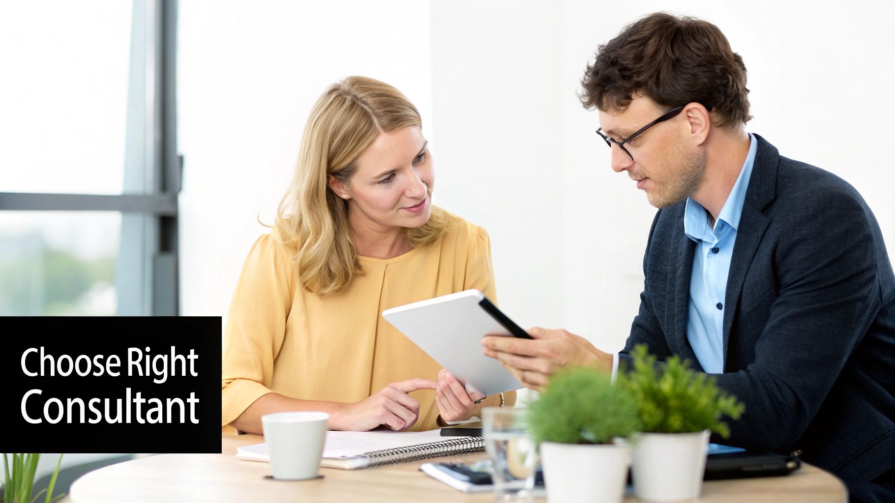 A female consultant points at a tablet held by a male colleague during a business meeting.