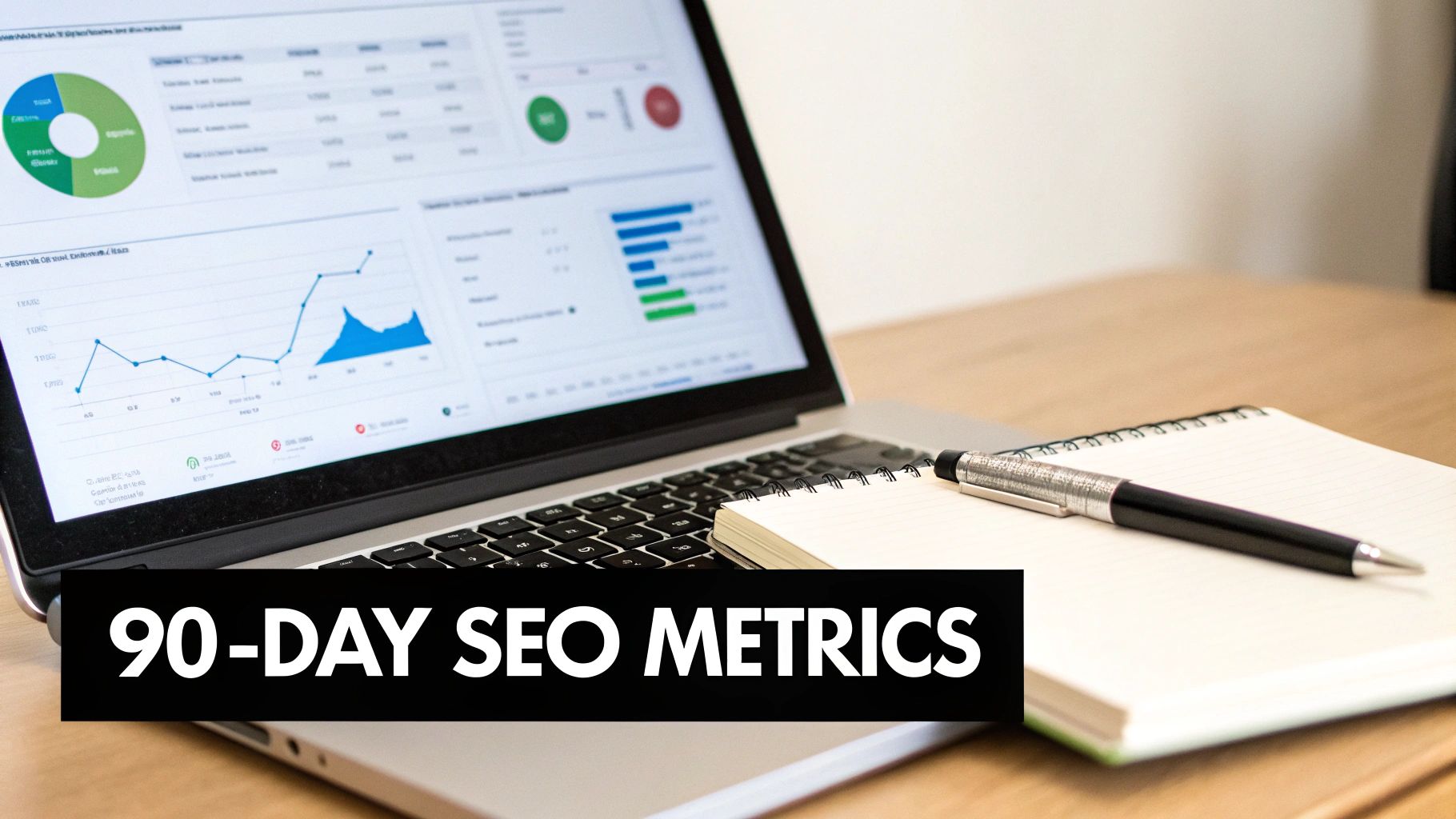 A laptop displays 90-day SEO metrics, including charts and graphs, with a notebook and pen on a desk.