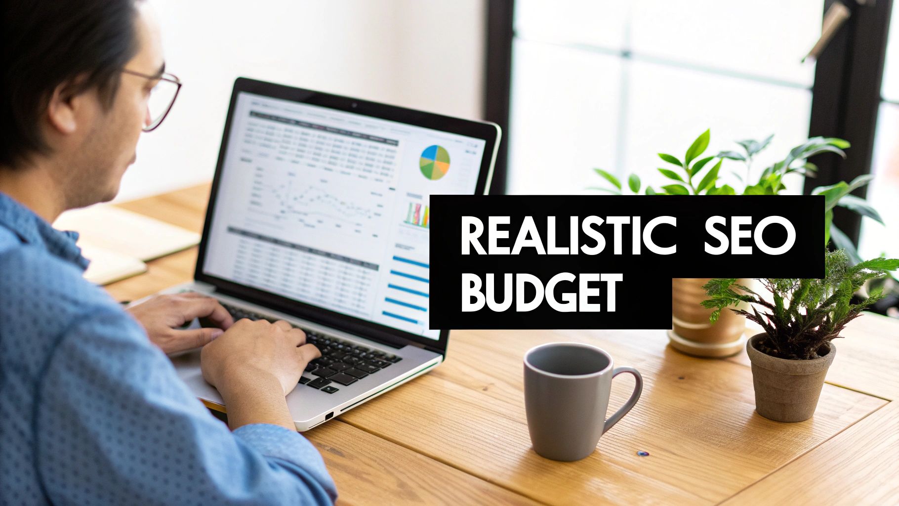 Man in glasses working on a laptop displaying data, with 'REALISTIC SEO BUDGET' text overlay.