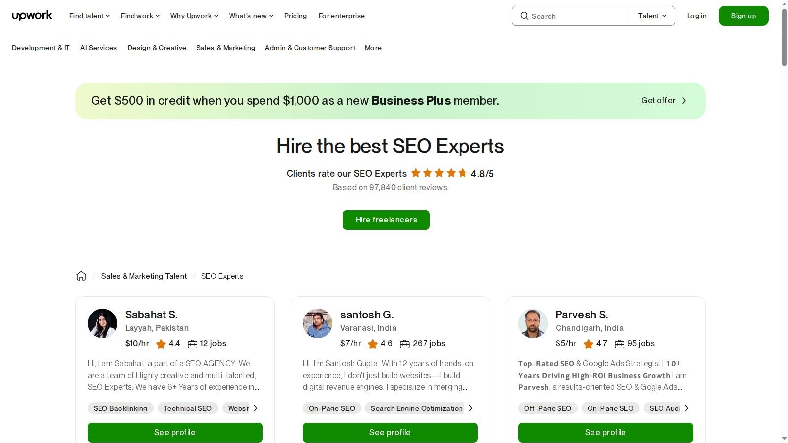 Upwork SEO Experts Search