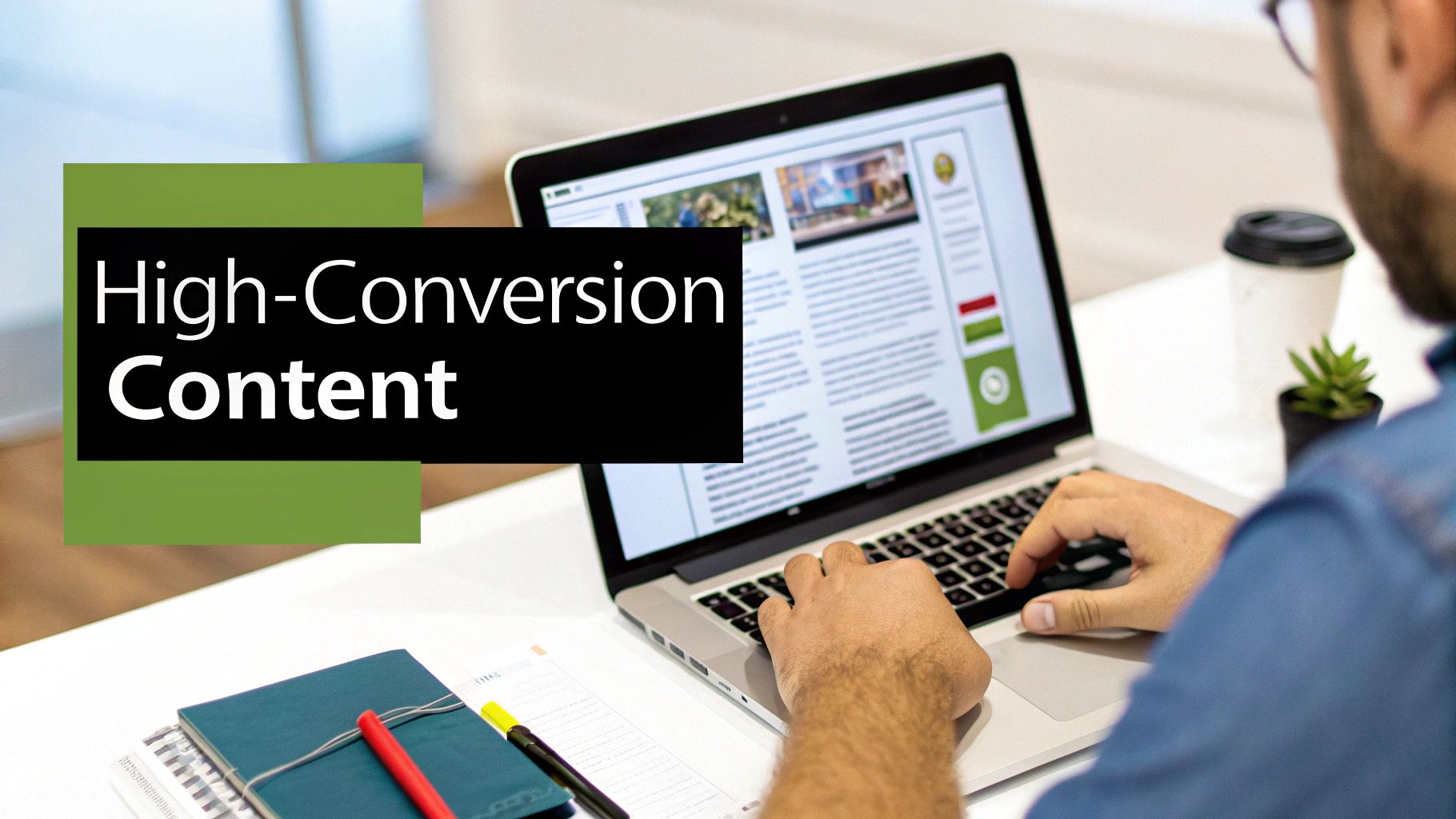 Person typing on a laptop, focused on a screen displaying 'High-Conversion Content' and optimization elements.