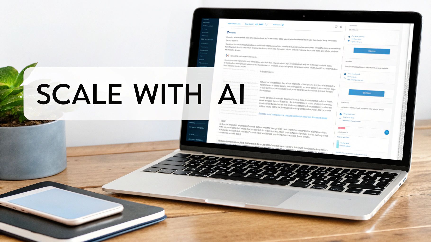Laptop displaying content, with "SCALE WITH AI" text, on a desk with a plant and smartphone.