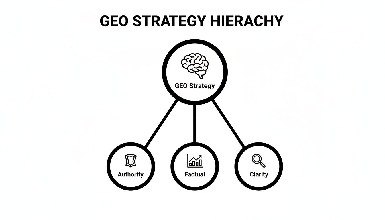 A black and white diagram illustrating the GEO Strategy hierarchy with components: Authority, Factual, and Clarity.