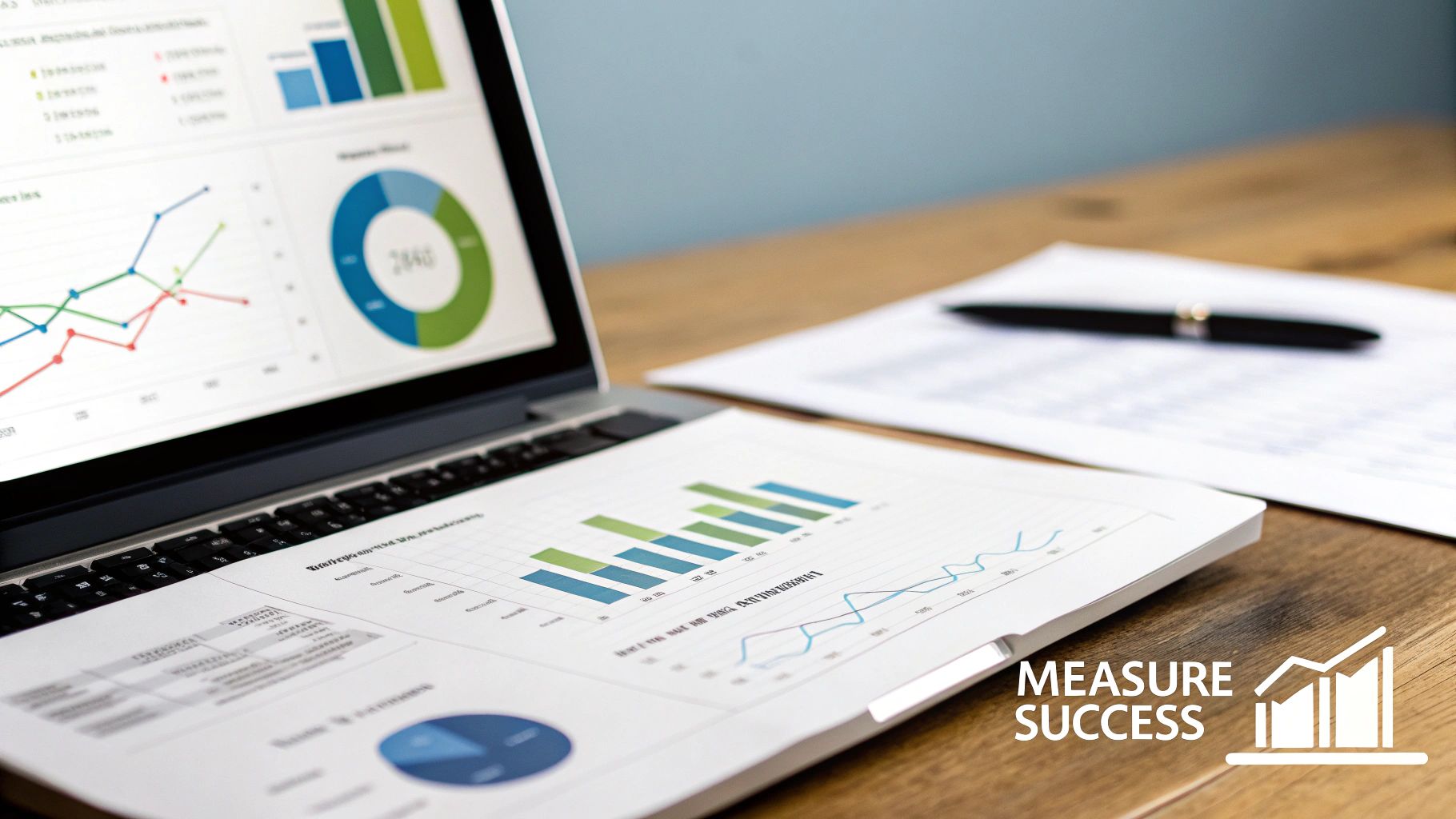 A laptop and paper reports displaying various business graphs and charts on a wooden desk. Text overlay says 'Measure Success'.
