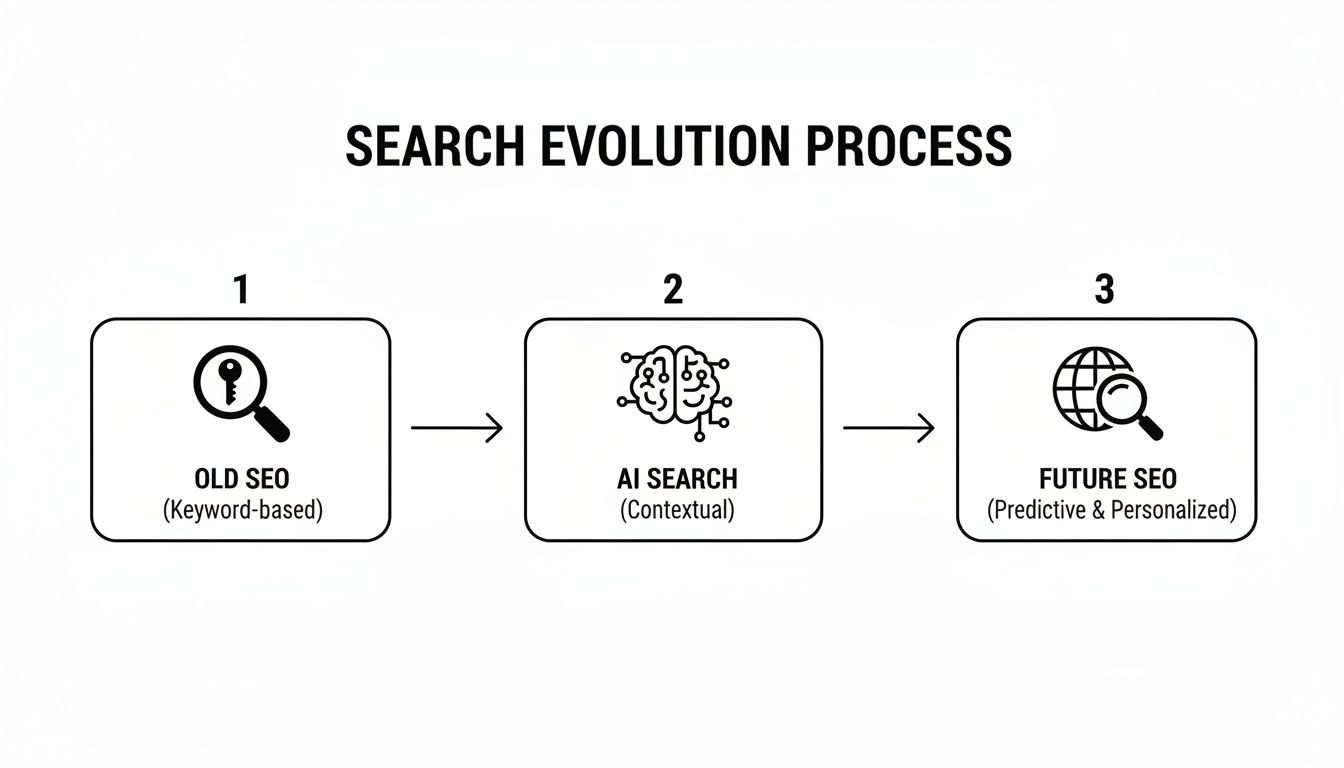 Infographic showing the evolution of search from old keyword-based SEO to future predictive AI search.