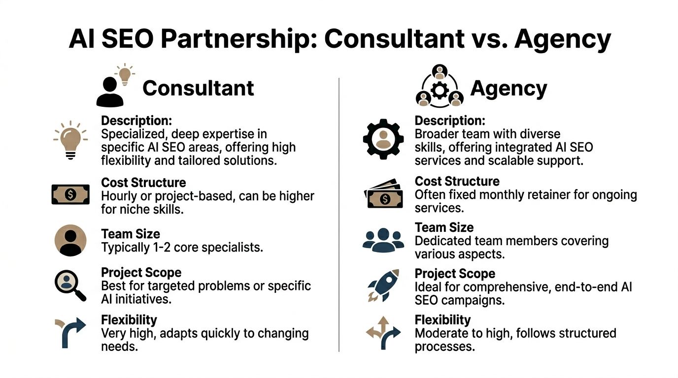 A comparison chart outlining the key differences between hiring an AI SEO consultant versus an agency partnership.
