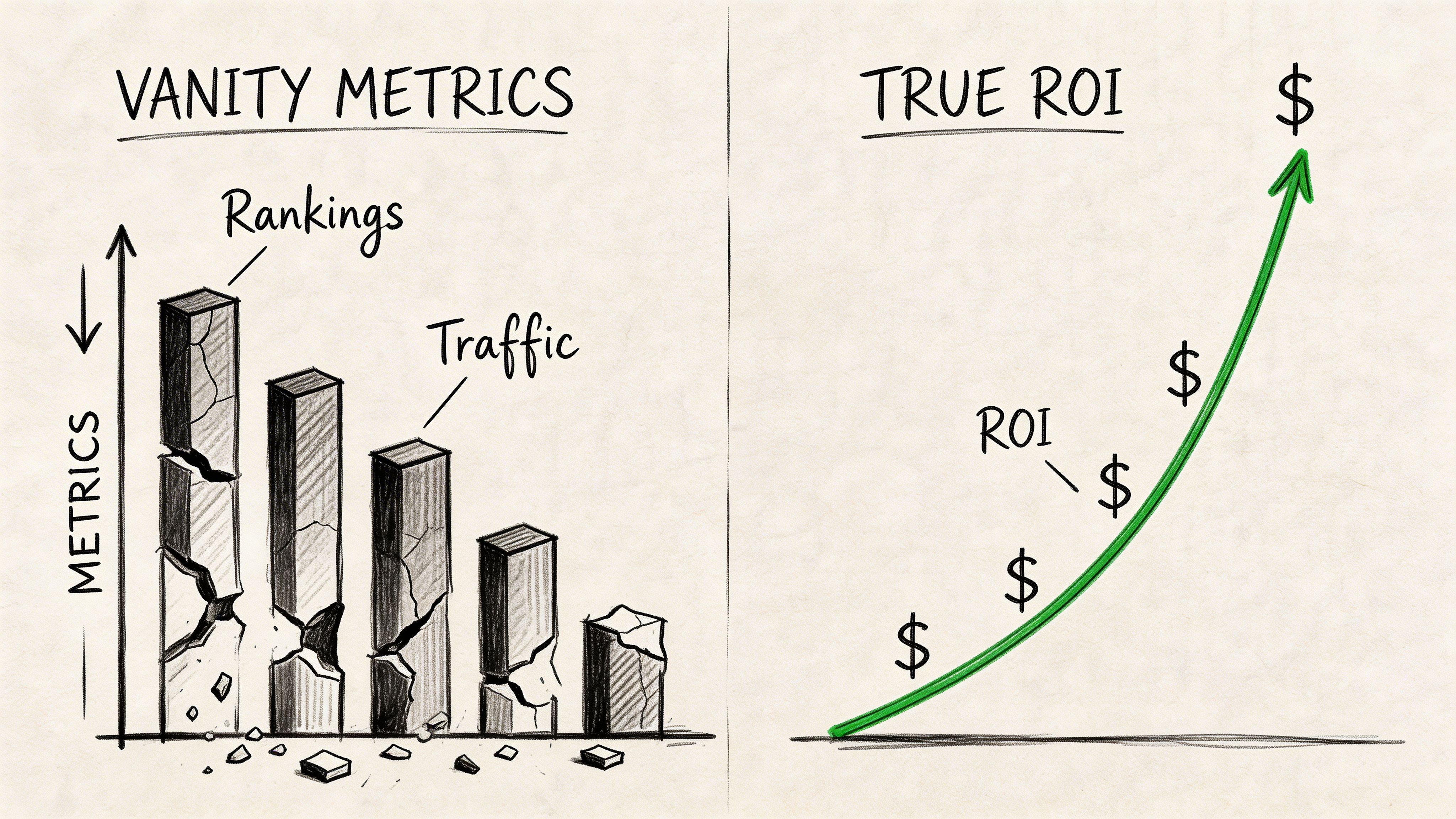 A split image comparing declining vanity metrics like rankings and traffic against rising true ROI growth.