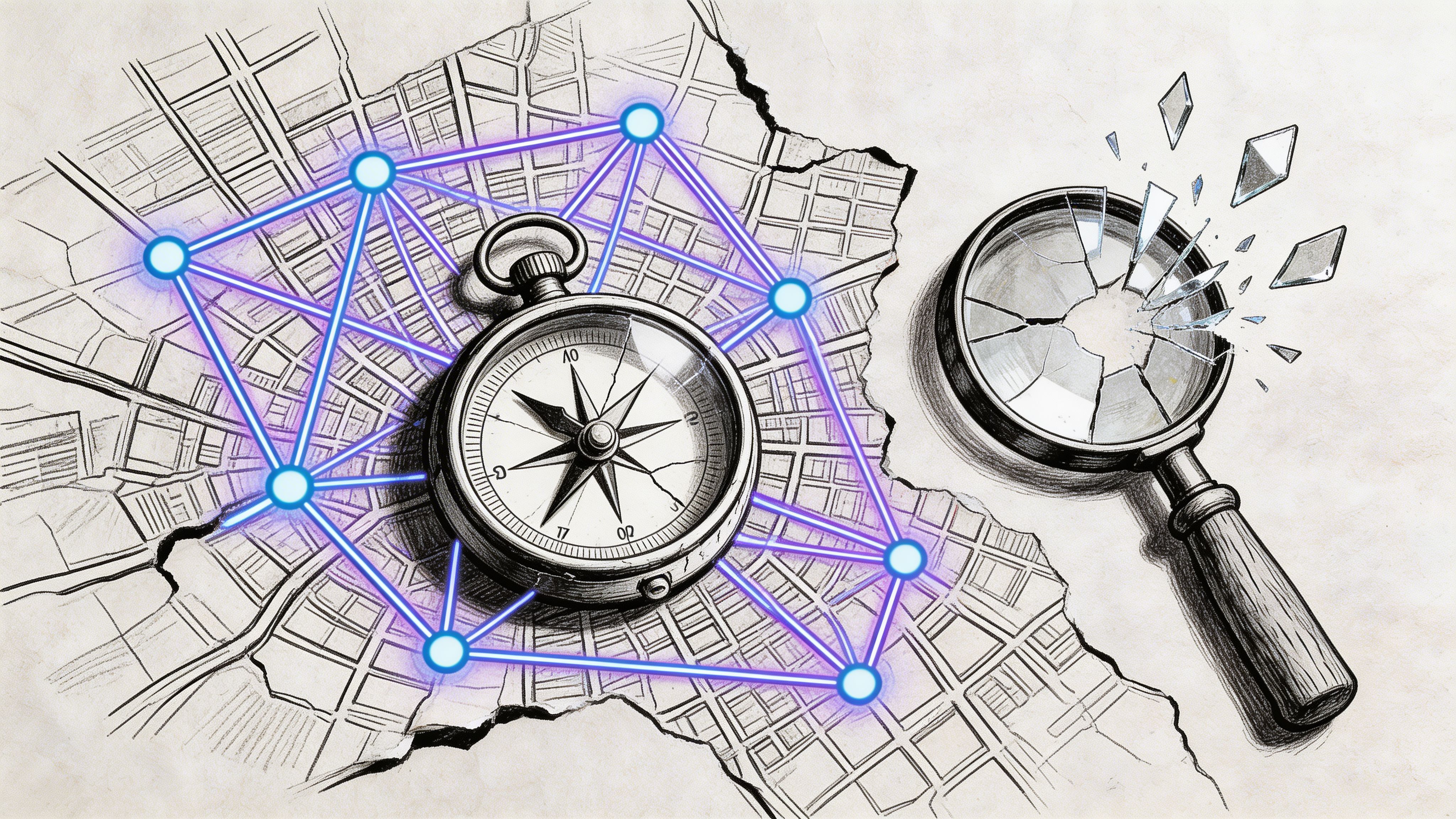 A conceptual illustration featuring a compass on a map with a digital network and a broken magnifying glass.
