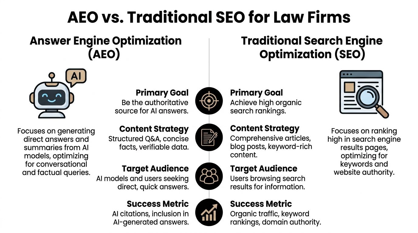 A comparison chart showing differences between Answer Engine Optimization and traditional SEO for law firm marketing.