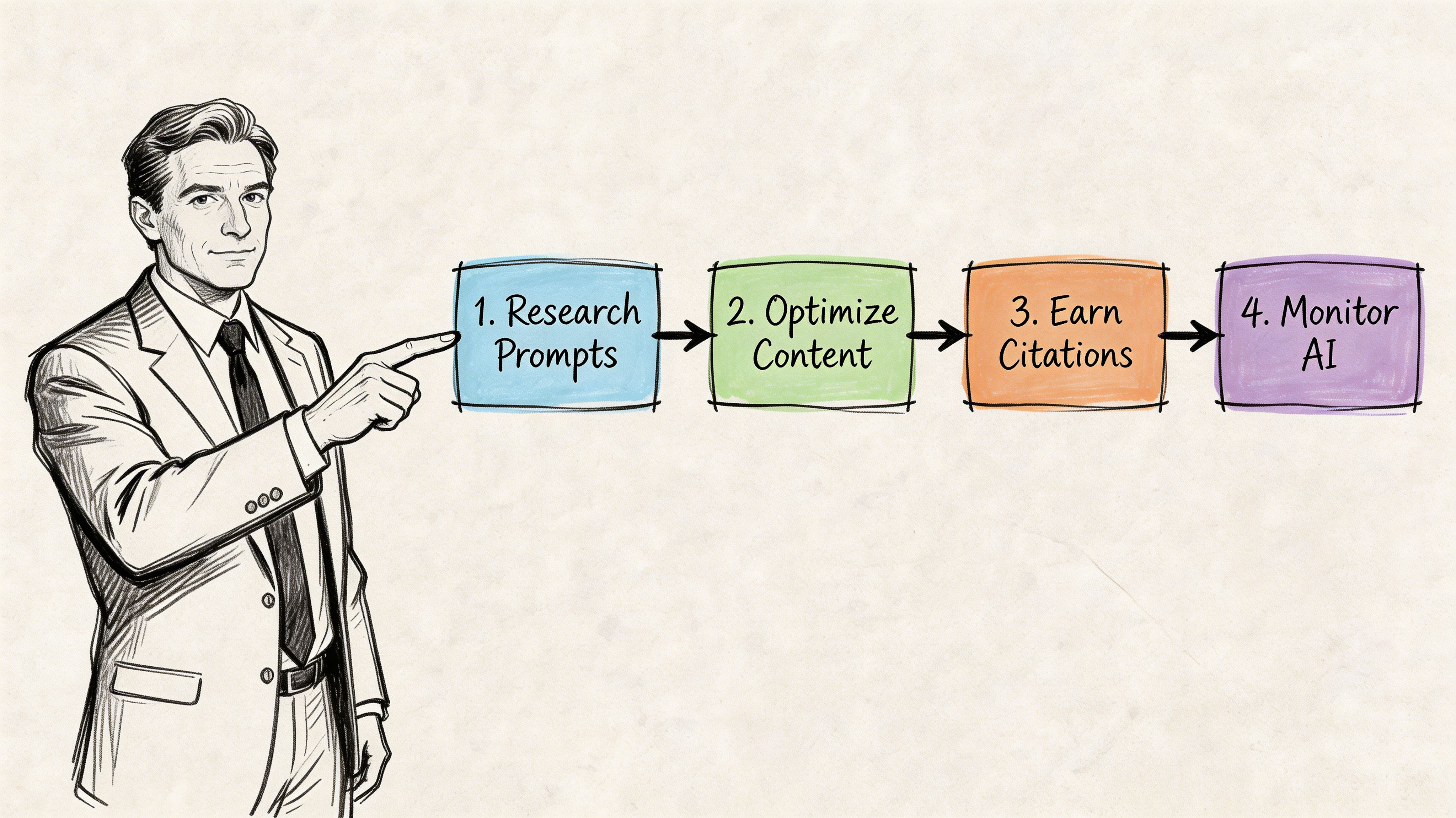 A professional man pointing to a four-step flowchart for using AI to acquire law clients.