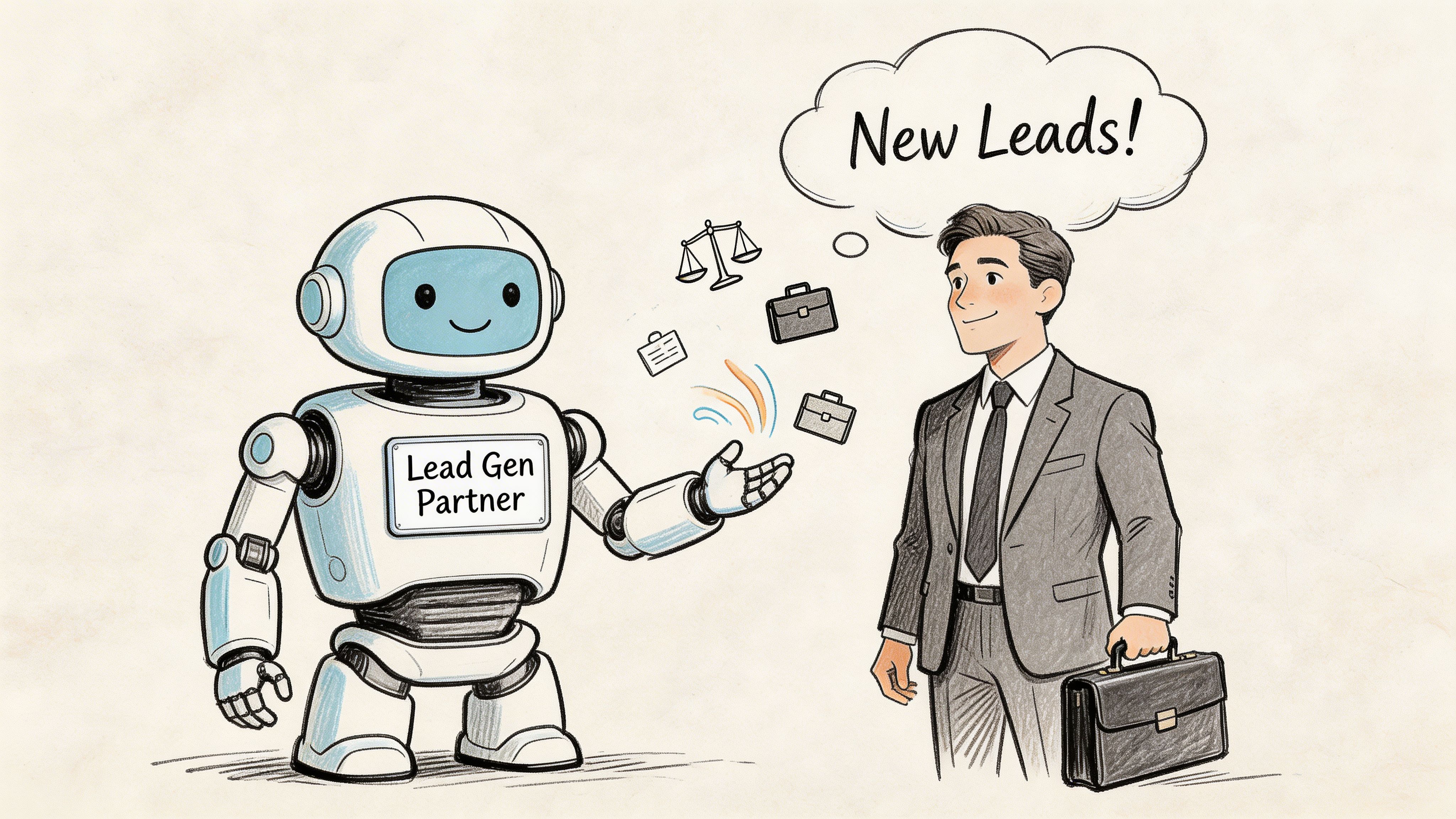 A friendly robot labeled Lead Gen Partner interacting with a professional lawyer holding a briefcase.