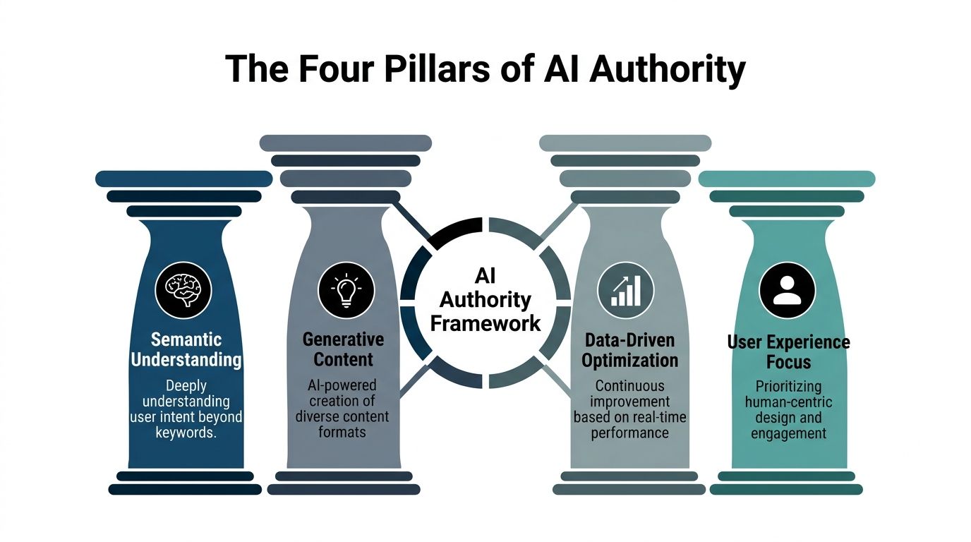 A diagram illustrating the four pillars of AI authority framework: semantic understanding, generative content, data-driven optimization, and user experience.