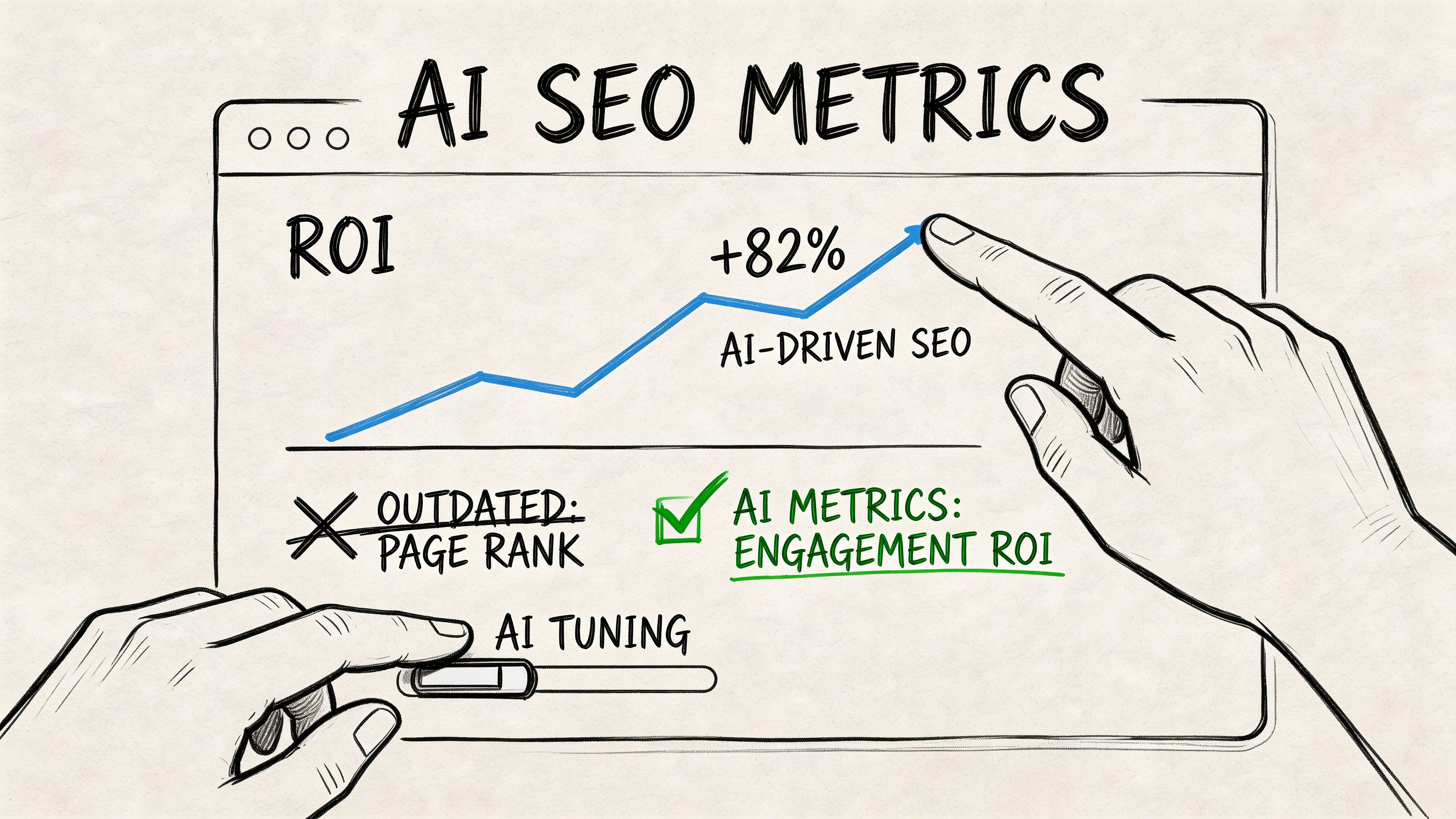 A hand adjusts an AI tuning slider while another points at a chart showing an eighty-two percent ROI.