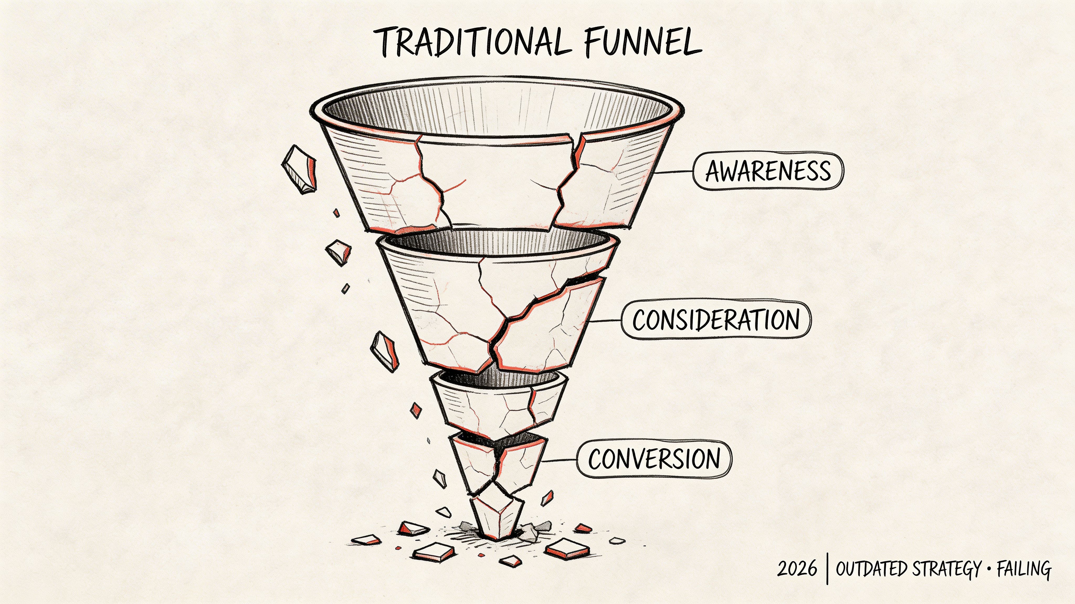 A broken, failing traditional business marketing funnel diagram labeled with awareness, consideration, and conversion stages.
