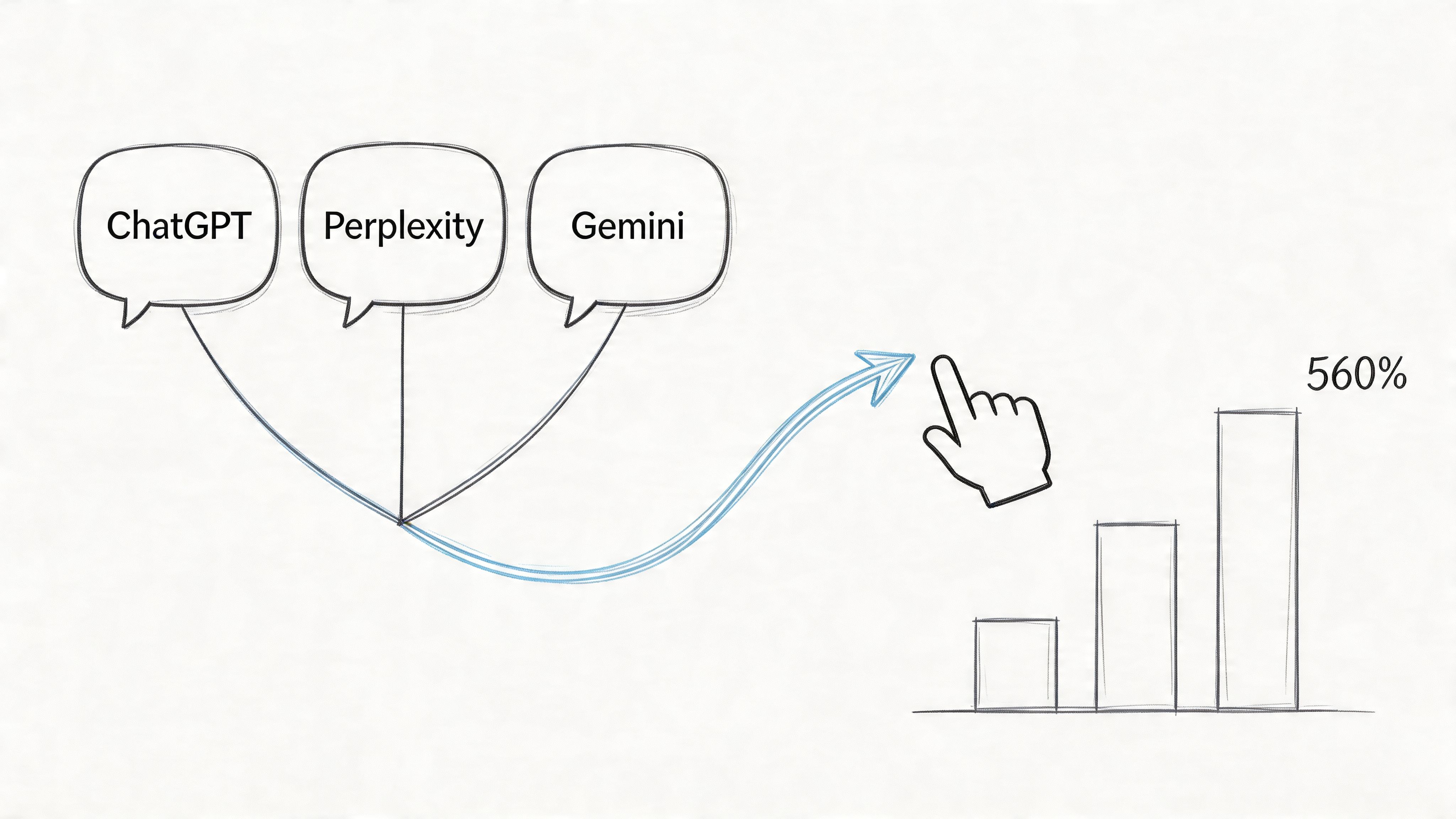 A conceptual sketch showing AI tools ChatGPT, Perplexity, and Gemini linked to a growing bar chart showing 560% growth.
