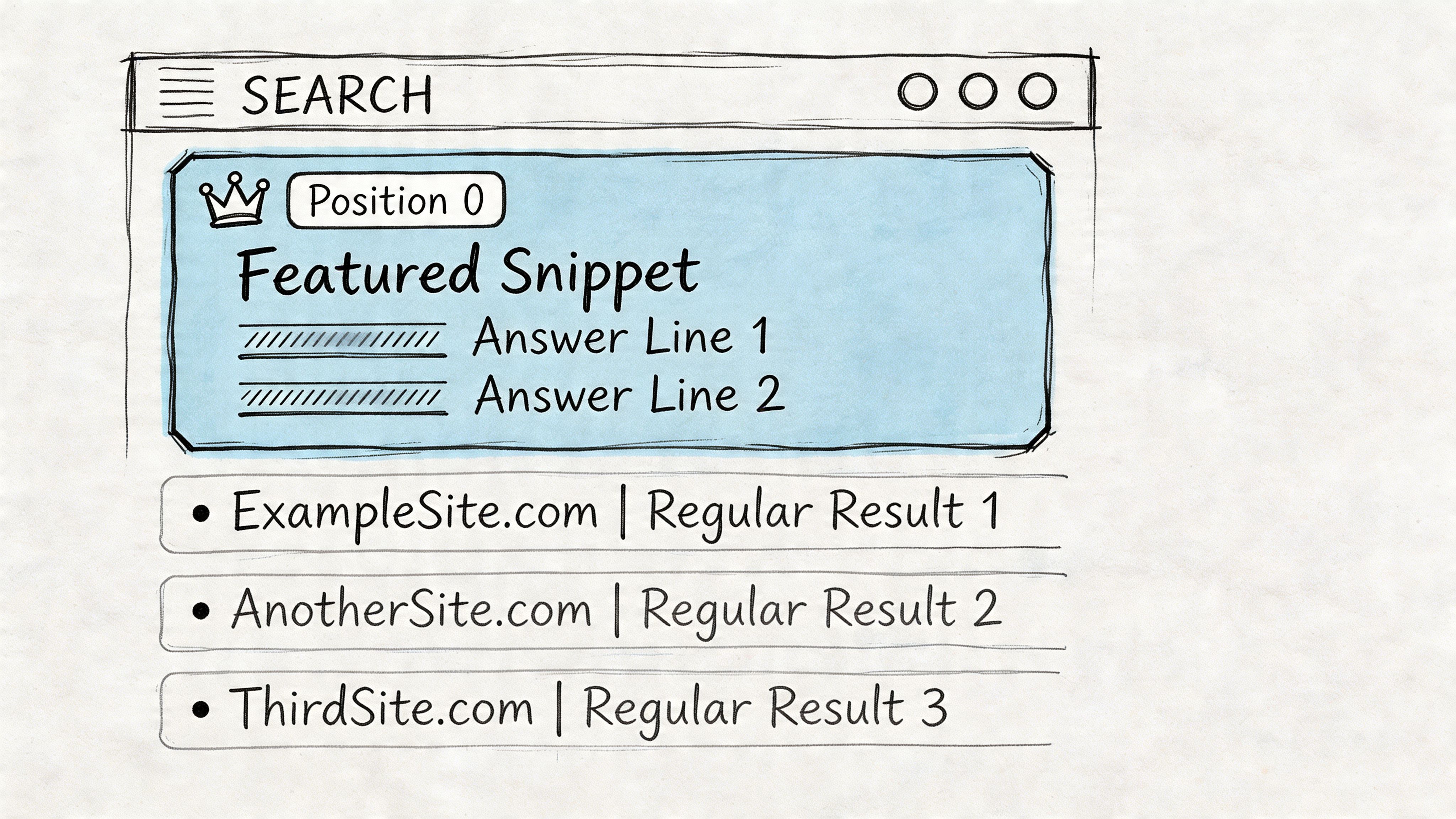 A hand-drawn illustration representing a search engine results page with a featured snippet position zero and regular results.