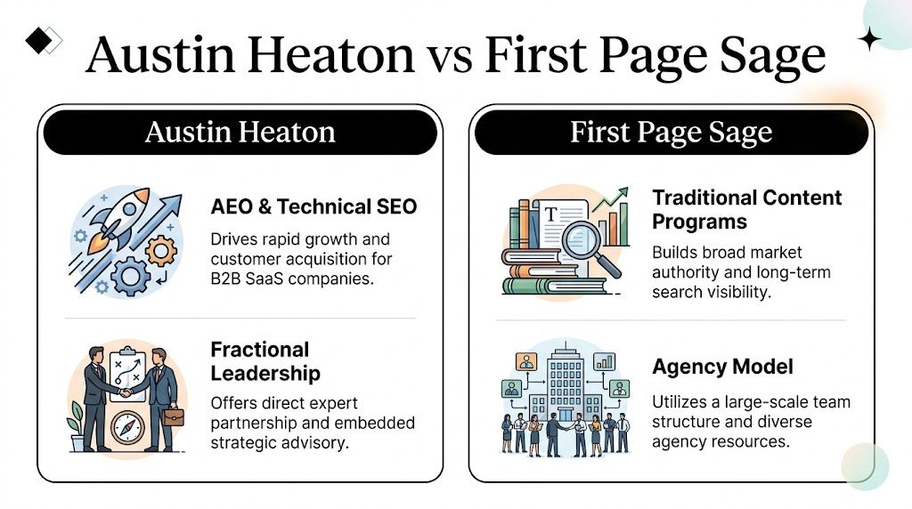 A comparison chart outlining the differences between Austin Heaton's SEO services and First Page Sage's agency model.