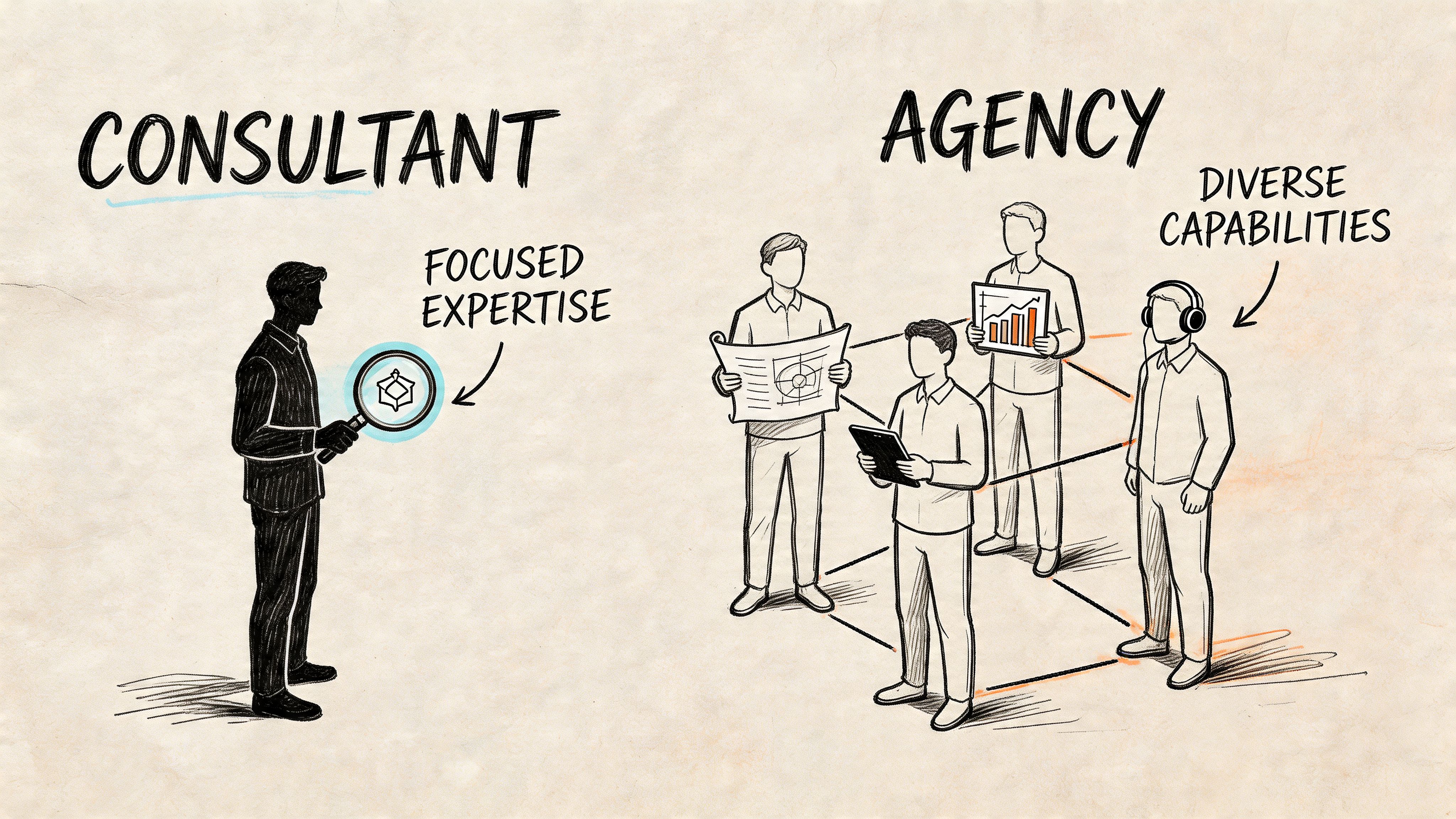 A hand-drawn illustration contrasting a consultant with focused expertise against an agency with diverse capabilities.