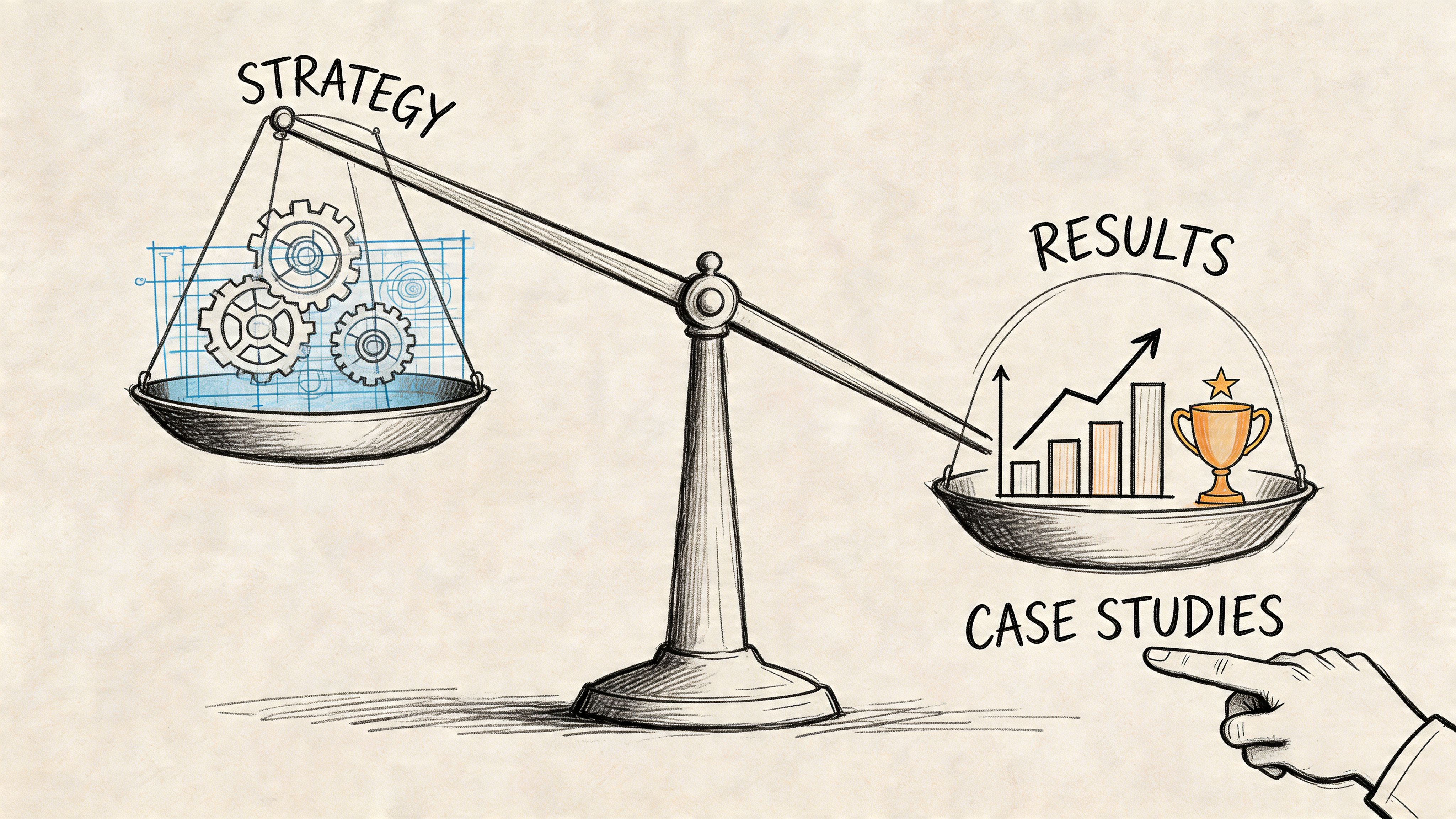 A conceptual illustration of a balance scale weighing strategic business planning against proven results and case studies.