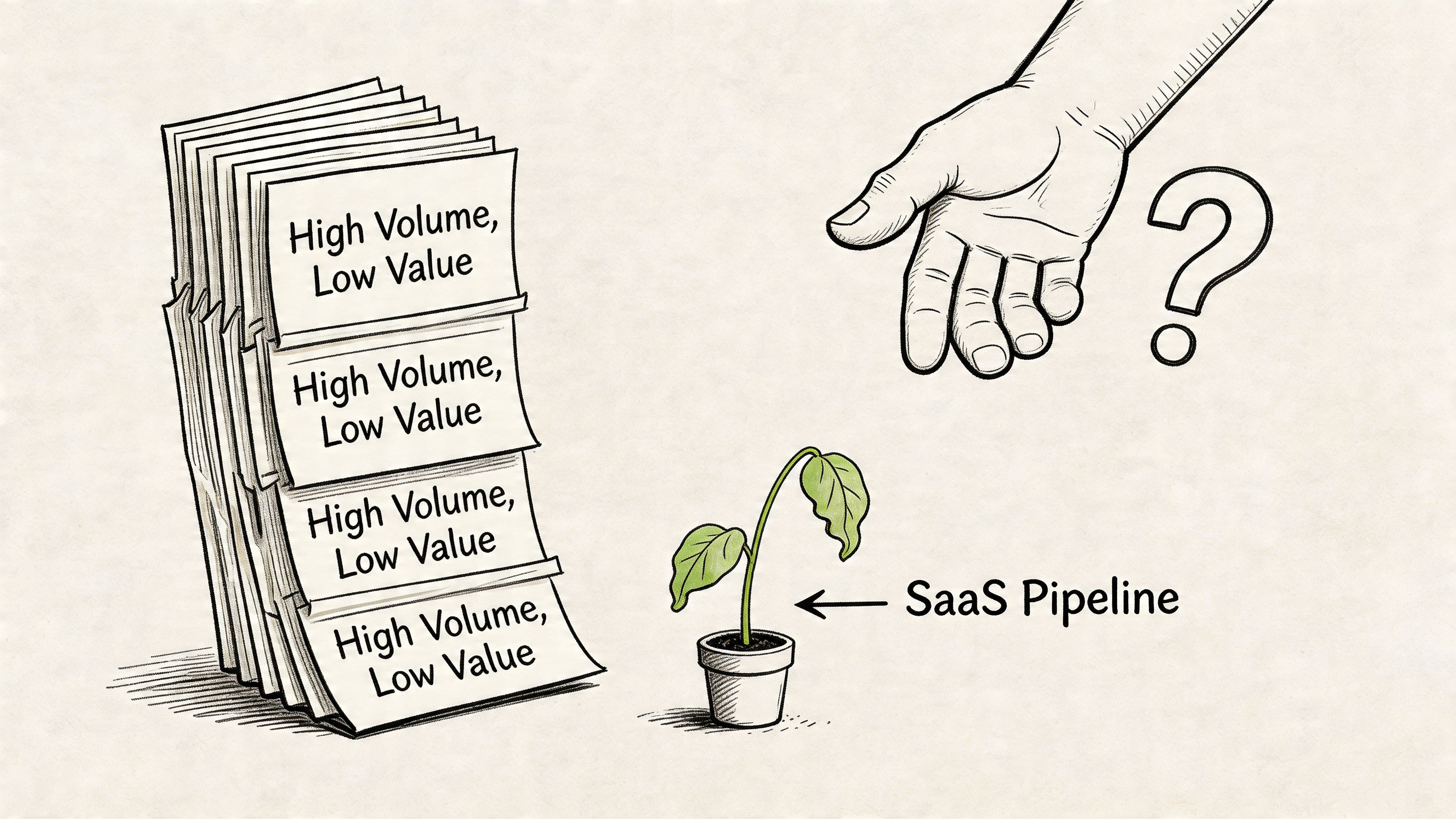 A hand hovering over a small plant labeled SaaS Pipeline next to a stack of low-value documents.