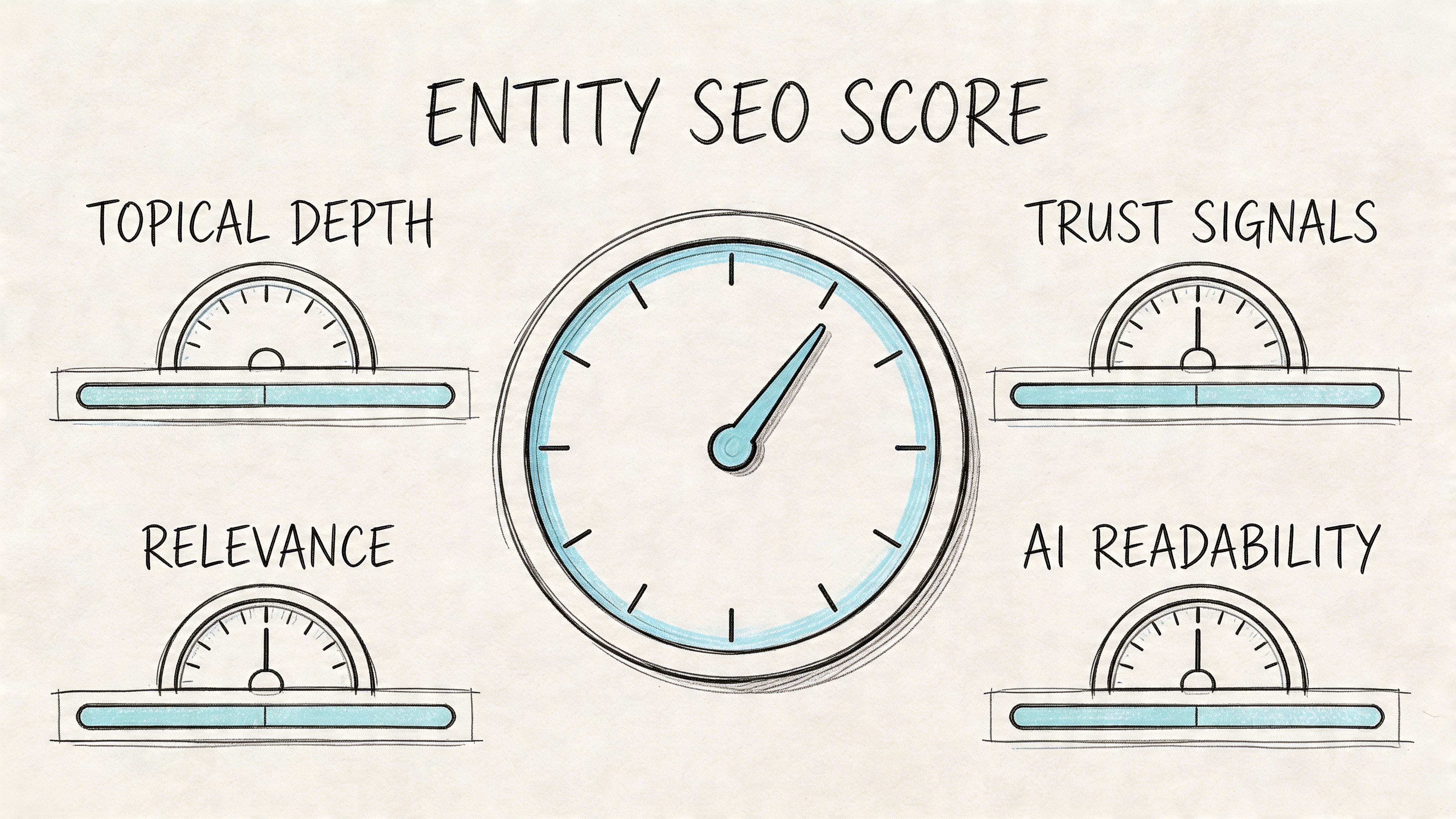 A hand-drawn illustration showing an entity SEO score gauge with metrics for topical depth, relevance, trust, and readability.