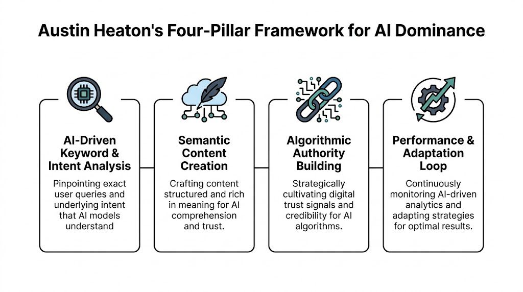 A four-pillar framework diagram for AI dominance, illustrating keyword analysis, content creation, authority building, and performance loops.