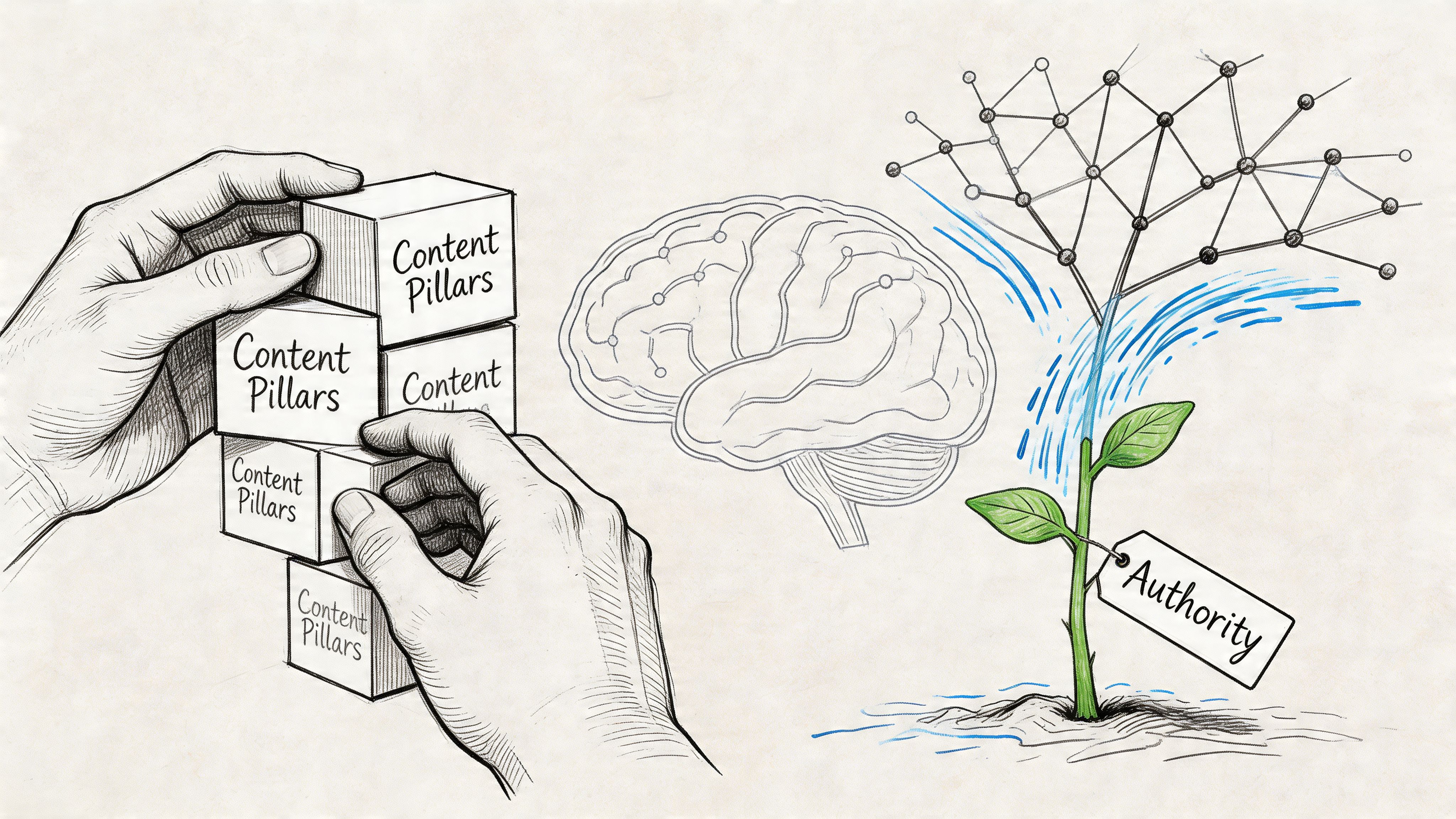 Hands stacking cubes labeled content pillars, with a brain illustration feeding growth into a plant tagged authority.