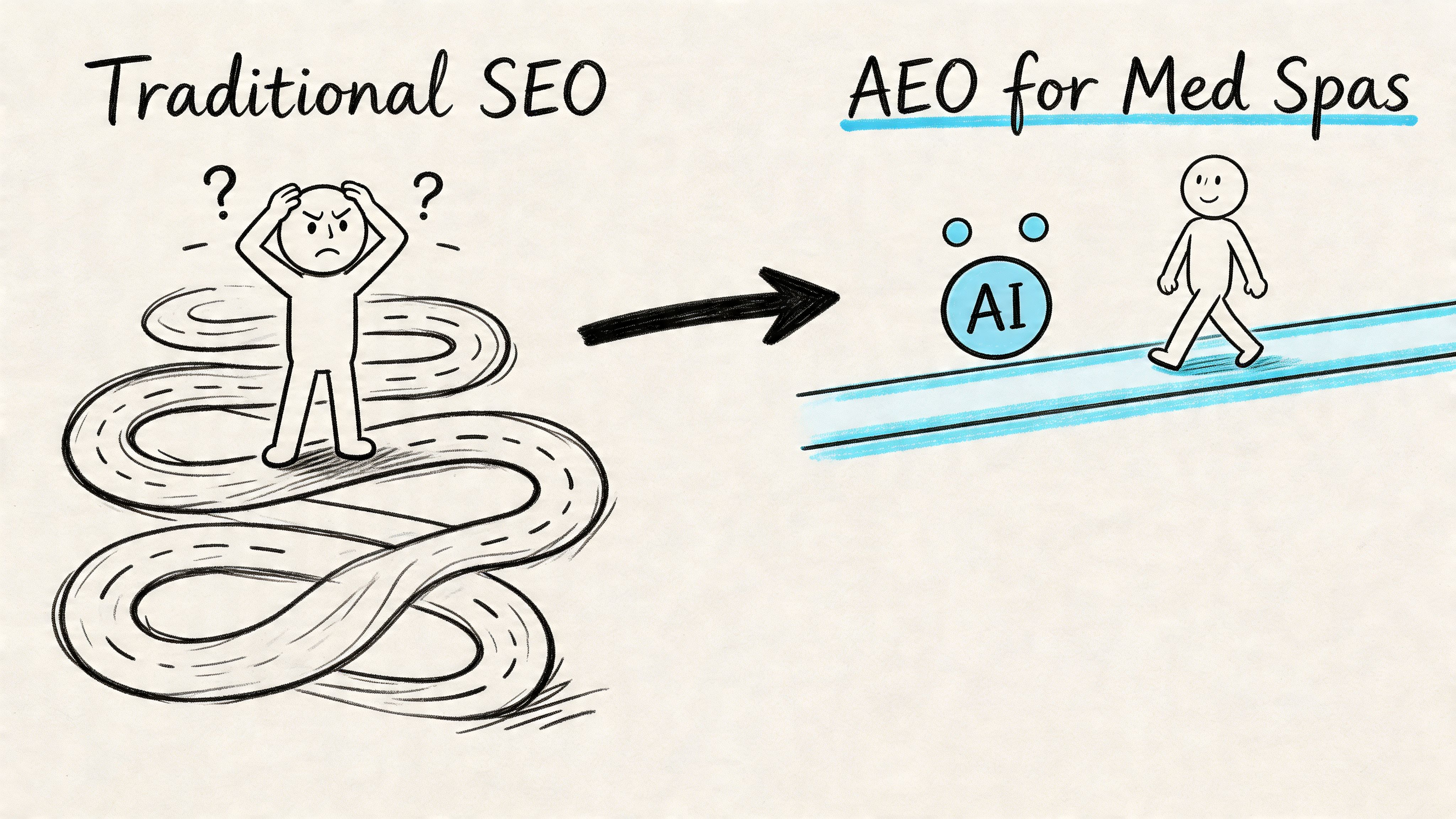 A conceptual illustration comparing a confused person on a tangled path to a clear, direct AI-powered path.