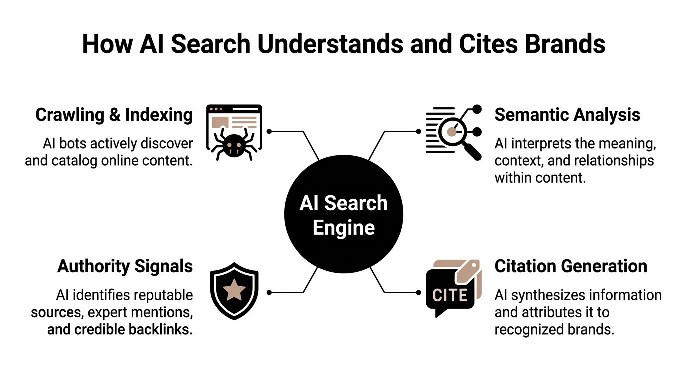 A diagram illustrating how AI search engines discover, analyze, evaluate, and cite brand content online.