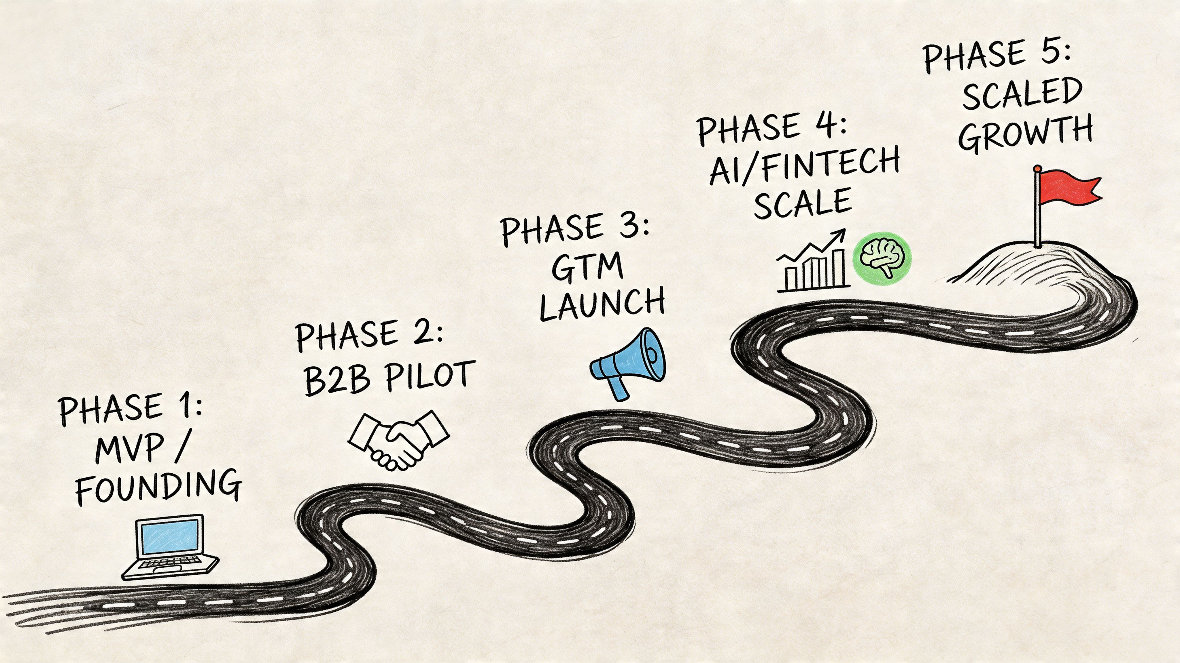 A hand-drawn illustration showing a five-phase business roadmap from MVP founding to scaled growth for a company.