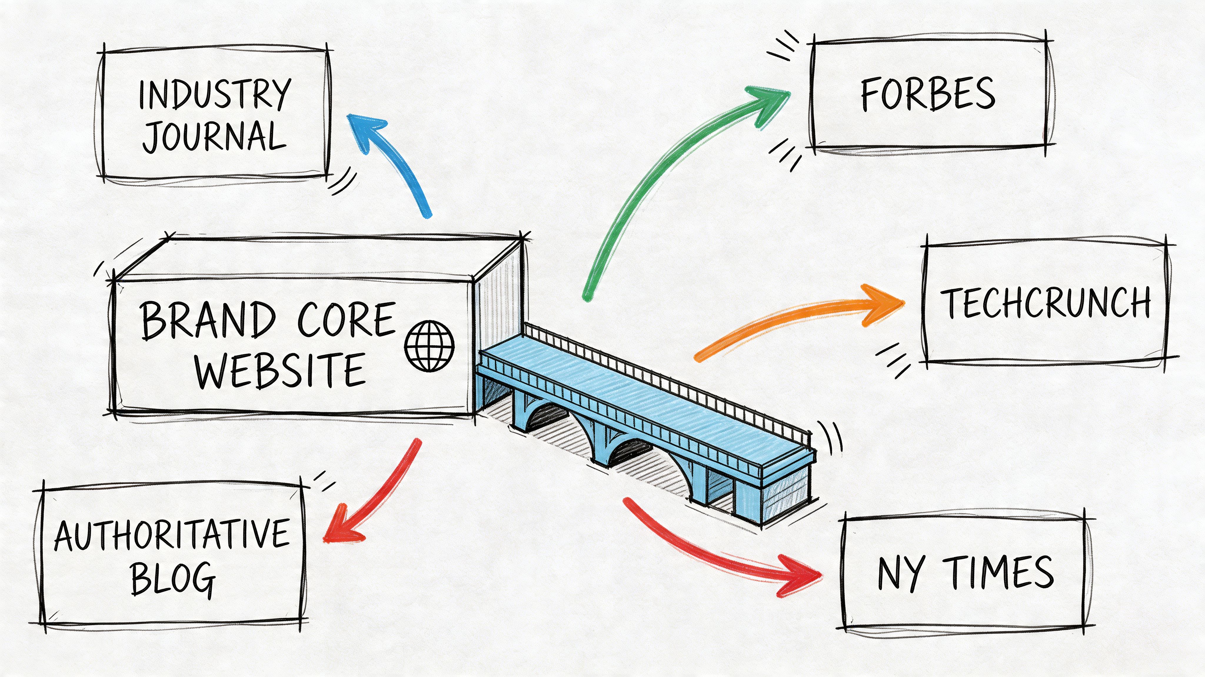 A diagram illustrating how a core brand website connects through bridges to major industry news and media outlets.