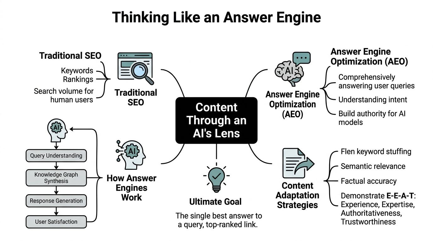A mind map illustrating the shift from traditional SEO to AI-driven answer engine optimization strategies.