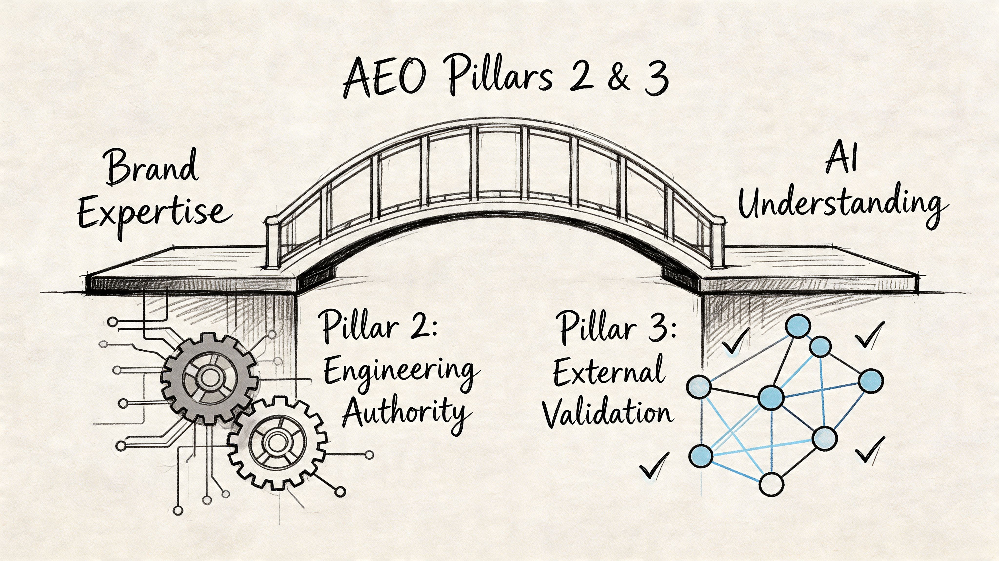 A hand-drawn illustration showing a bridge connecting Brand Expertise and AI Understanding with engineering and validation symbols.