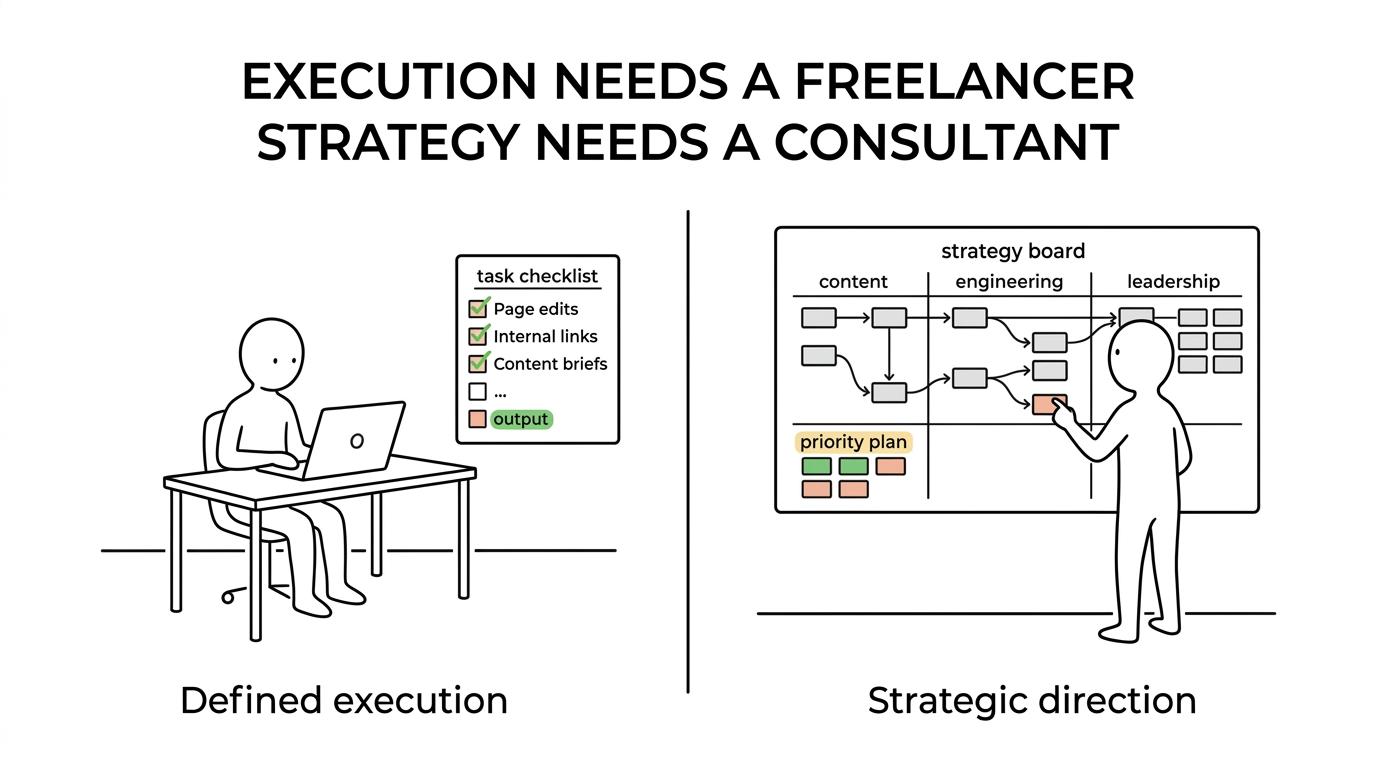 Side-by-side comparison of an SEO freelancer and an SEO consultant for a startup, showing differences in ownership, tasks, cost, and best-fit use cases.